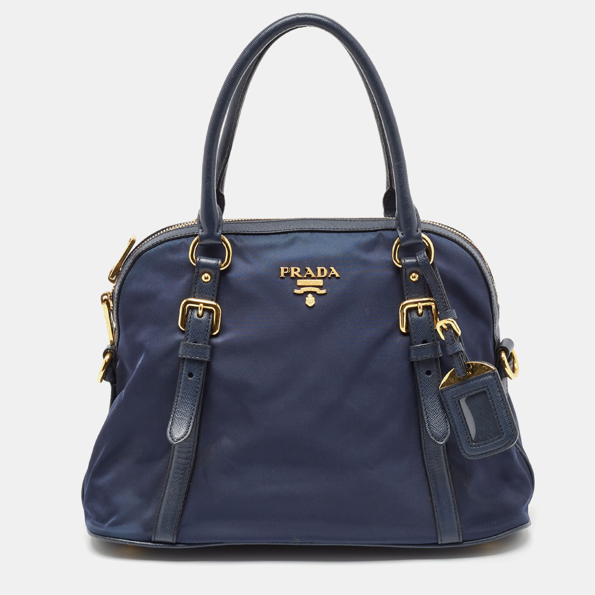 

Prada Blue Nylon And Leather Zip Dome Satchel