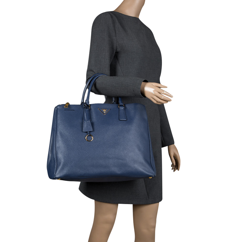 

Prada Blue Saffiano Lux Leather Double Zip Executive Tote