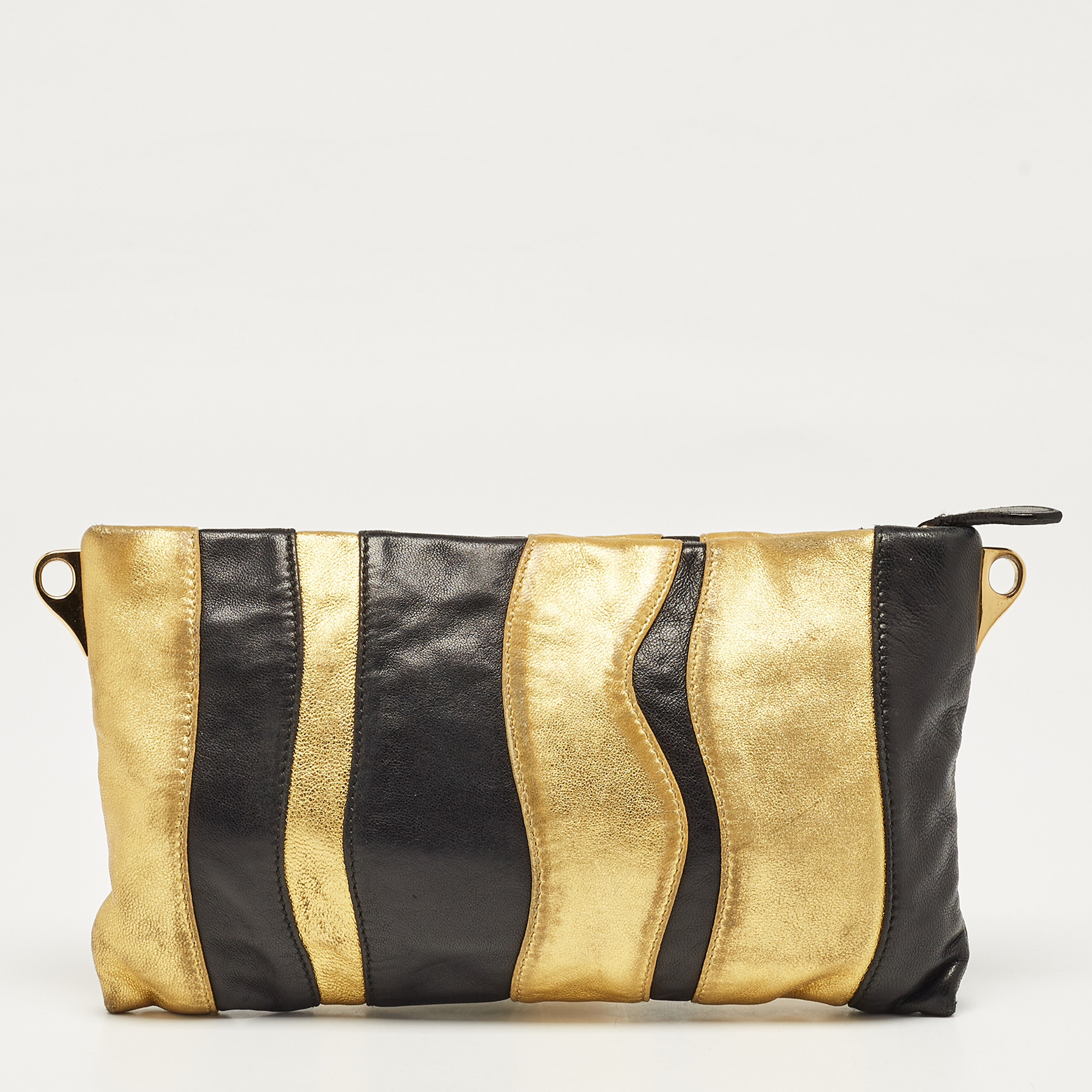 Prada Gold/Black Striped Leather Flat Zip Crossbody Bag 