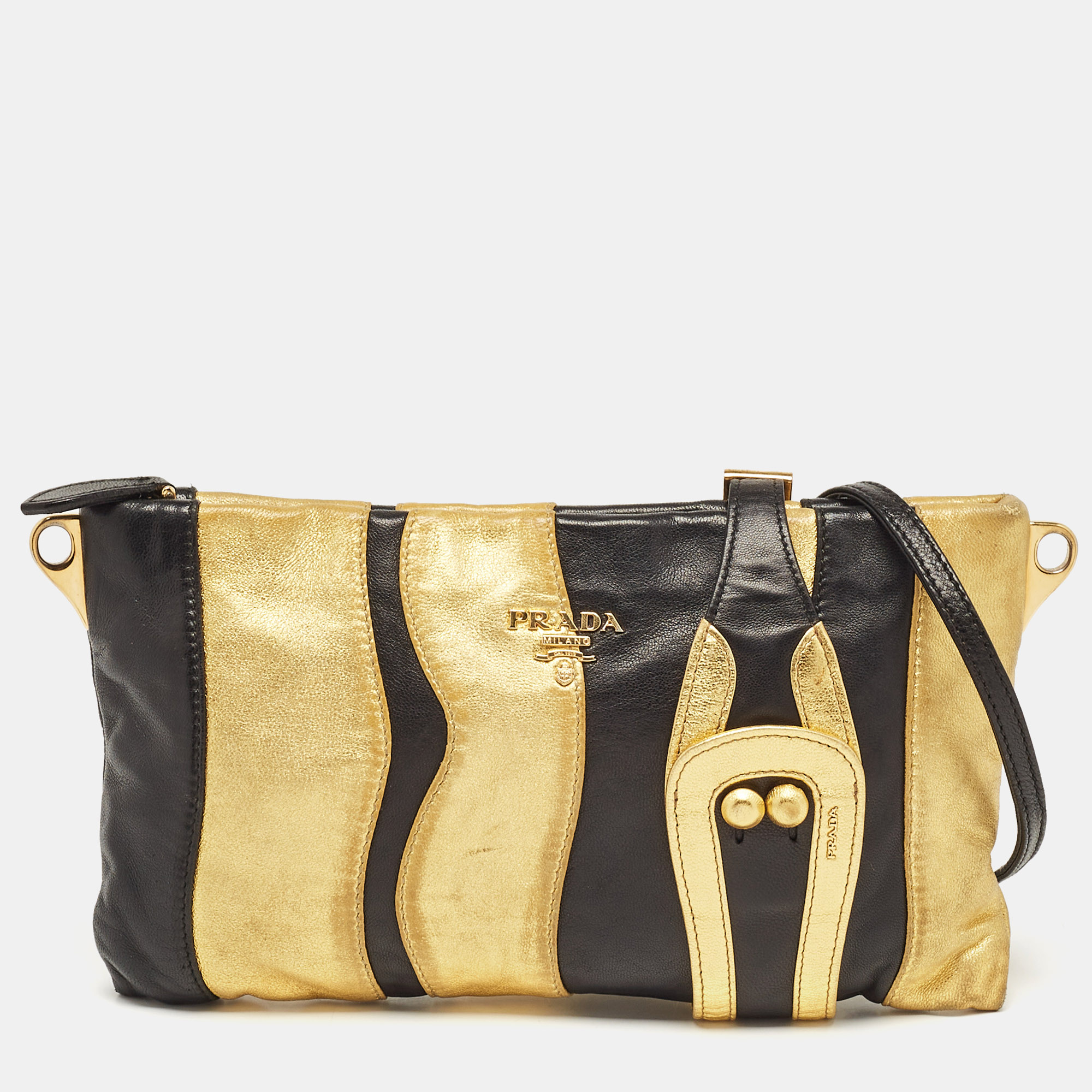 

Prada Gold/Black Striped Leather Flat Zip Crossbody Bag