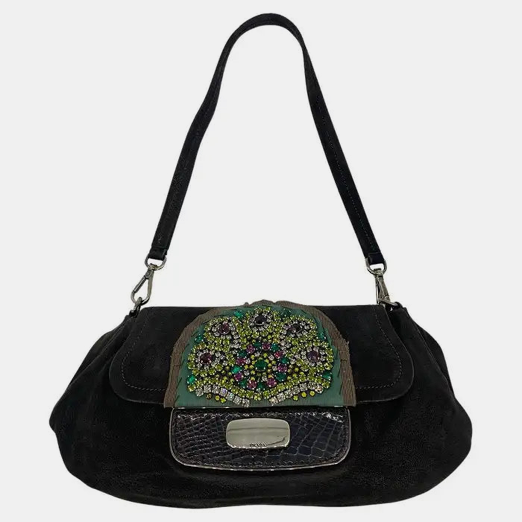 

Prada Black Suede Rhinestone Alligator Flap Shoulder Bag