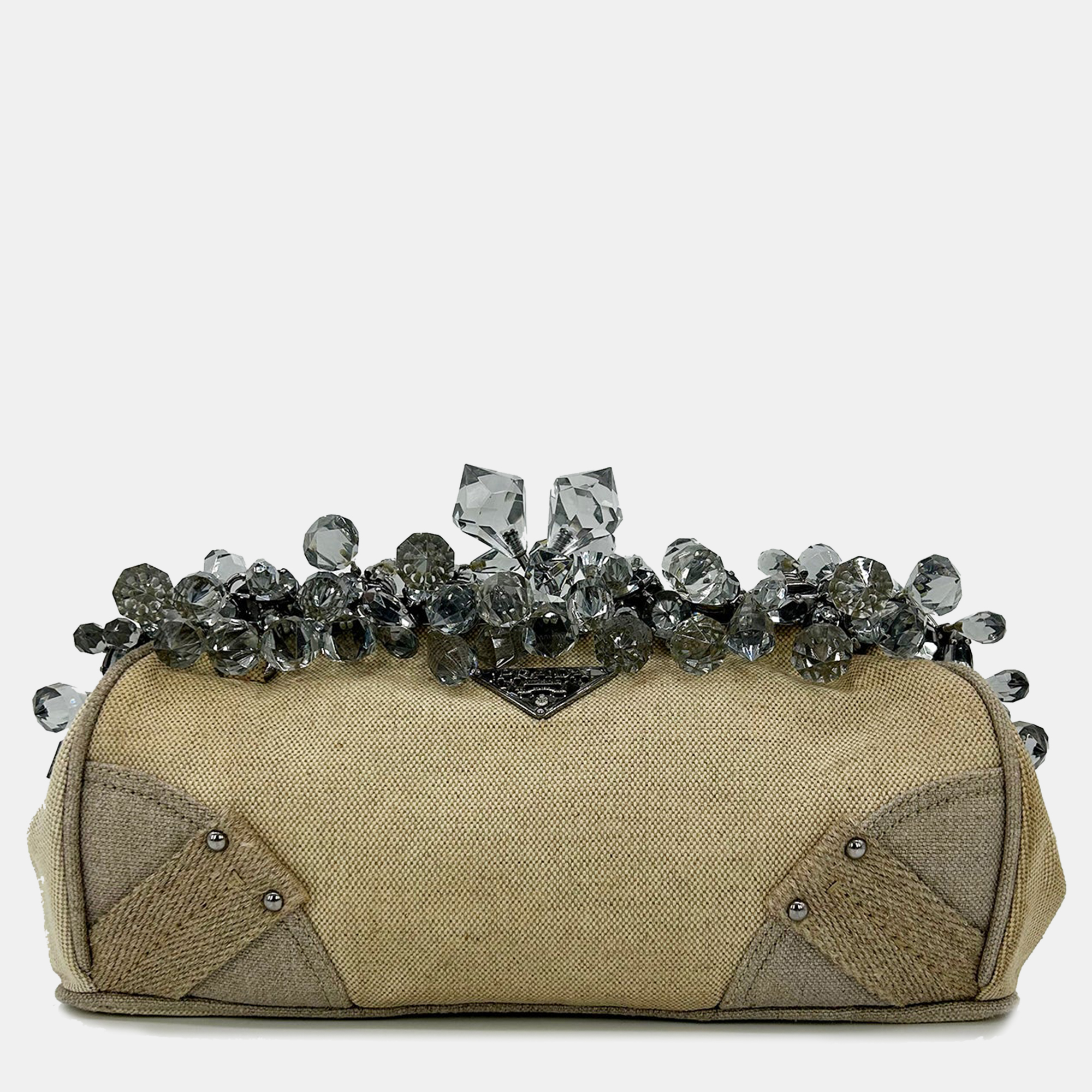 

Prada Mistolino Natural Canvas Crystal Beaded Top Pochette, Beige