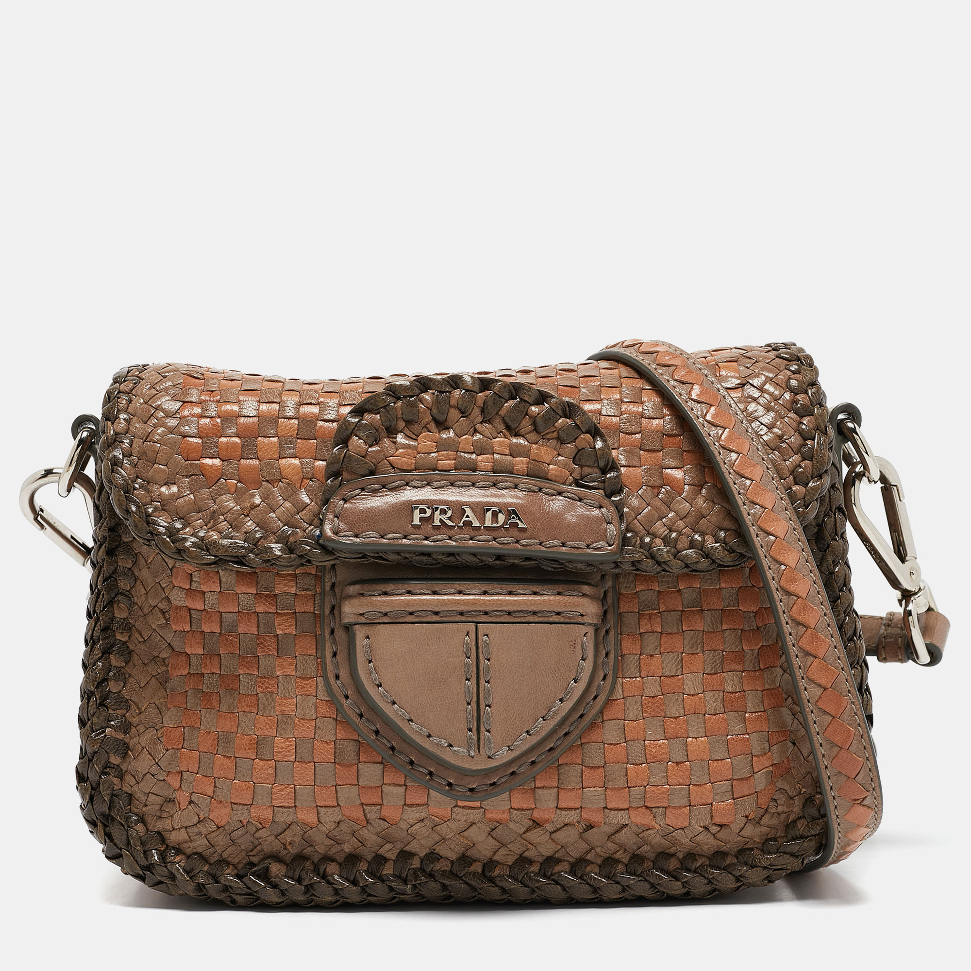 

Prada Beige/Brown Woven Madras Leather Flap Crossbody Bag