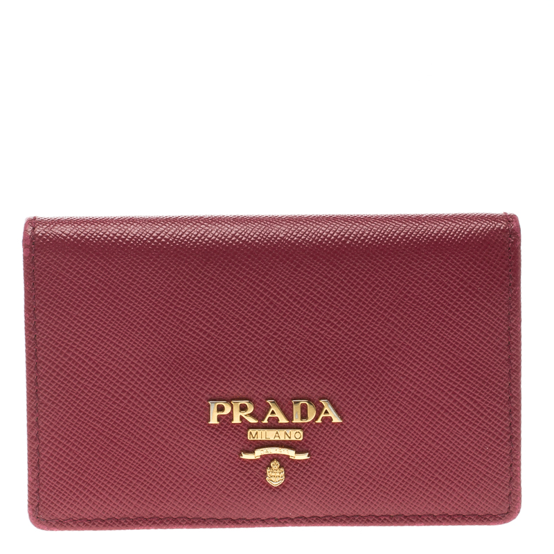 Pre Owned Prada Red Saffiano Metal Leather Business Card Holder