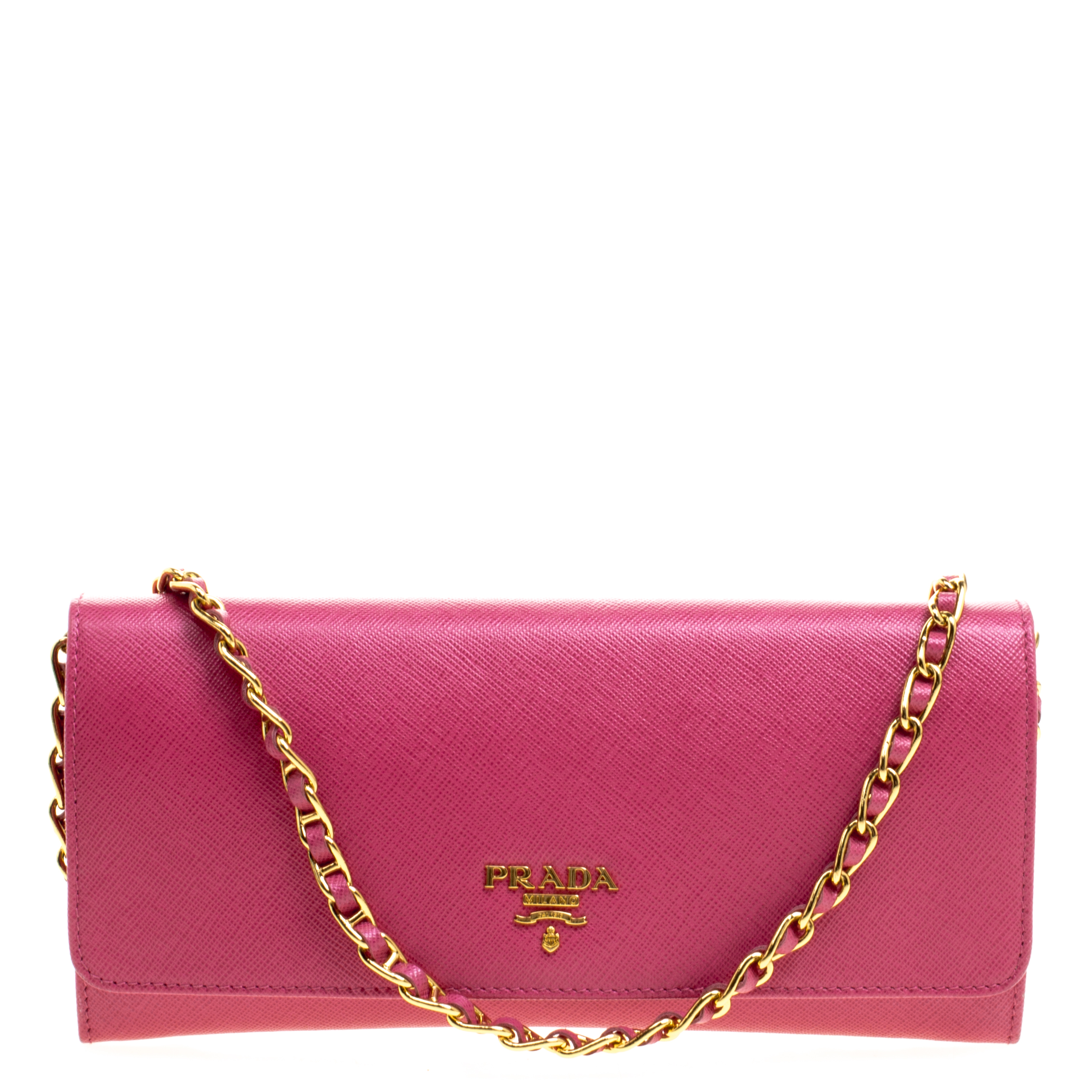 Prada Red Saffiano Metal Leather Wallet on Chain Clutch Bag - Yoogi's Closet