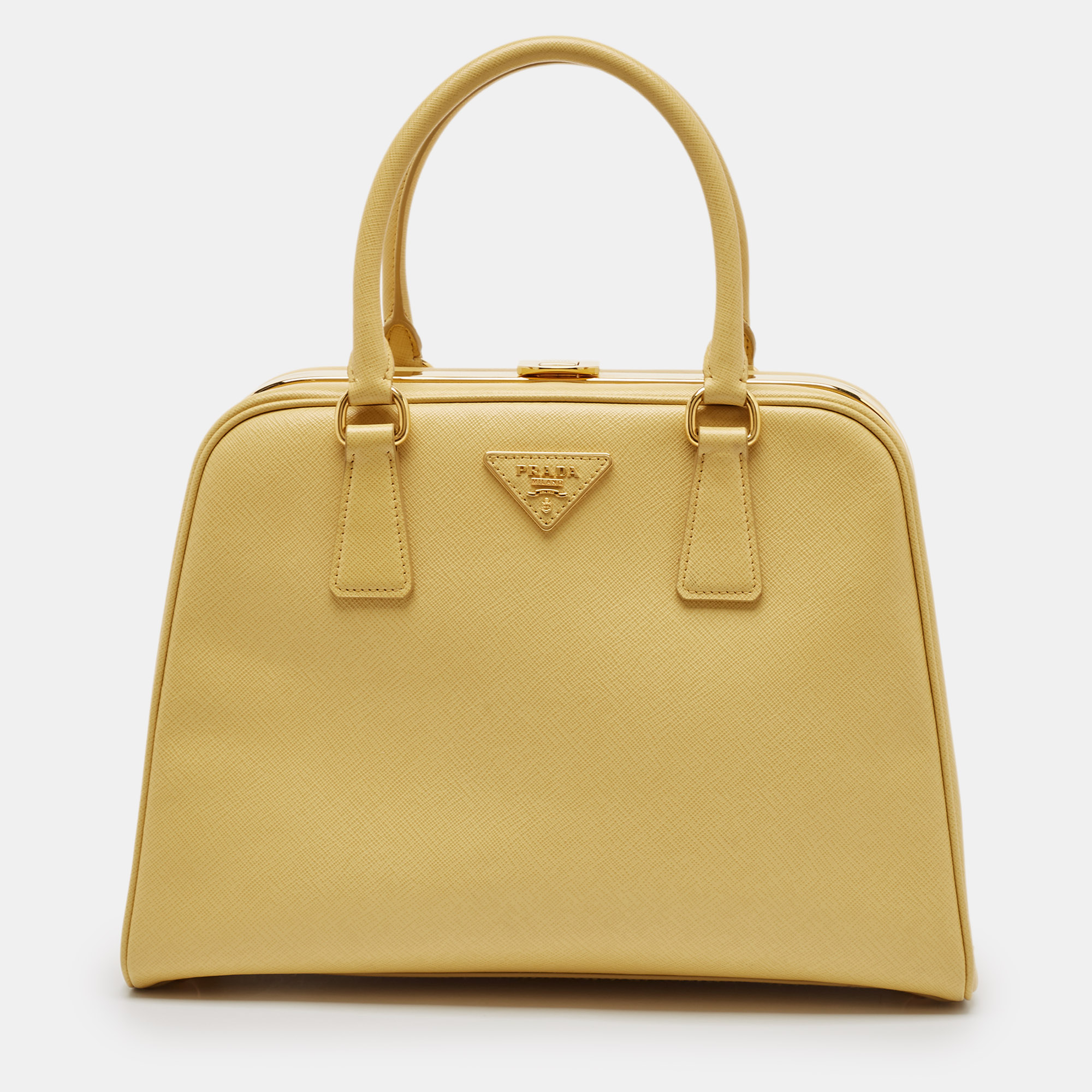 

Prada Yellow Saffiano Lux Leather Pyramid Frame Satchel