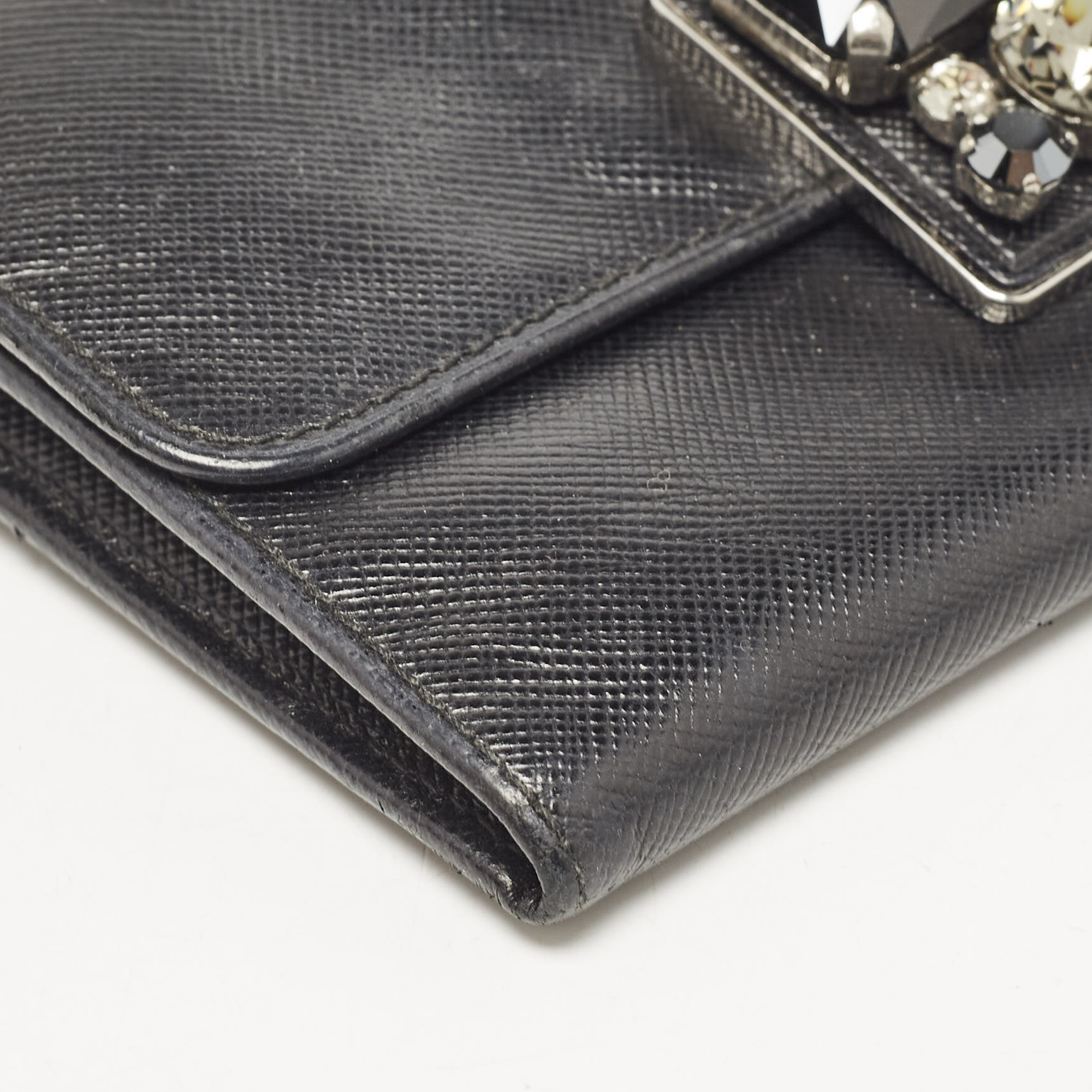 Prada Black Saffiano Leather Crystals Embellished Continental Wallet 