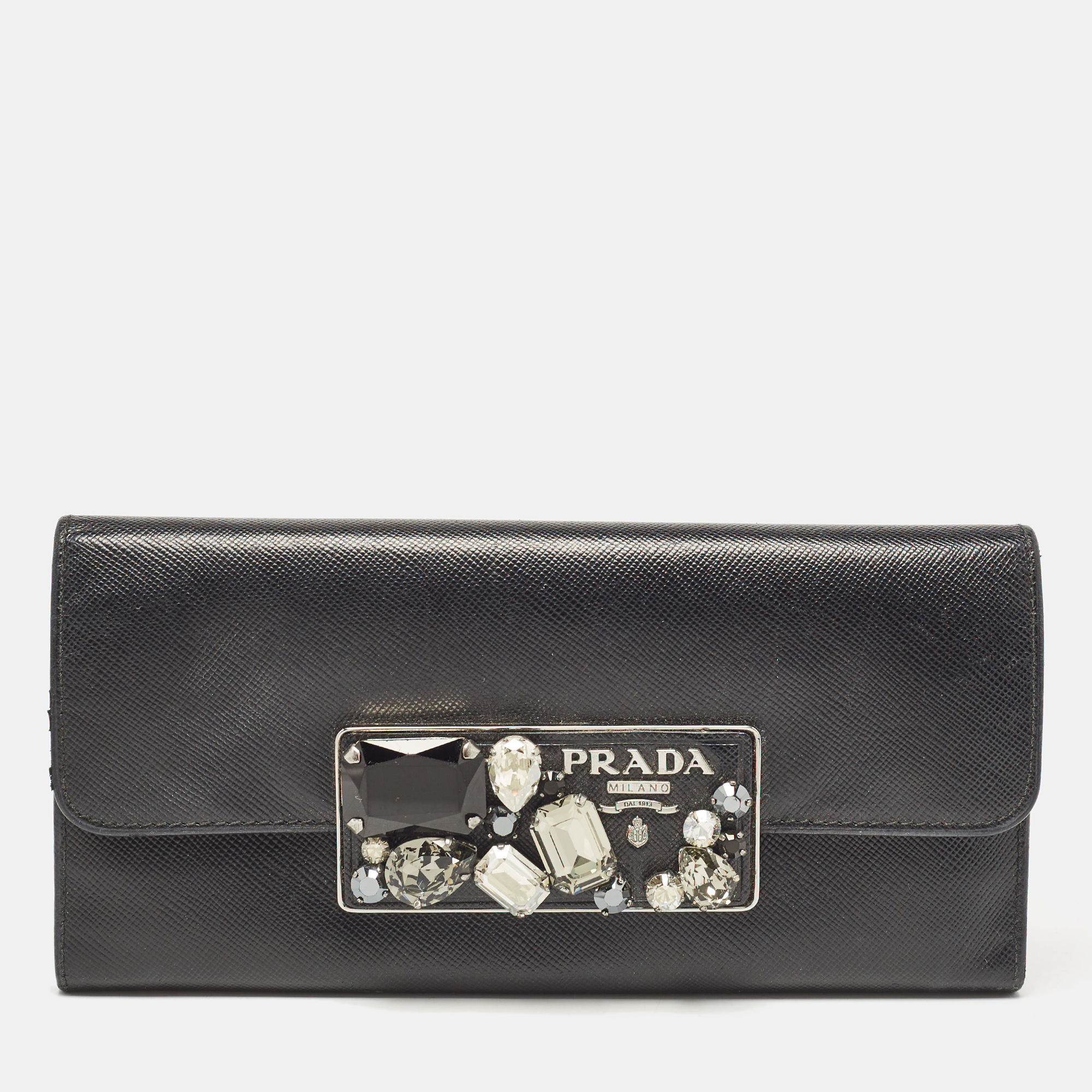 

Prada Black Saffiano Leather Crystals Embellished Continental Wallet