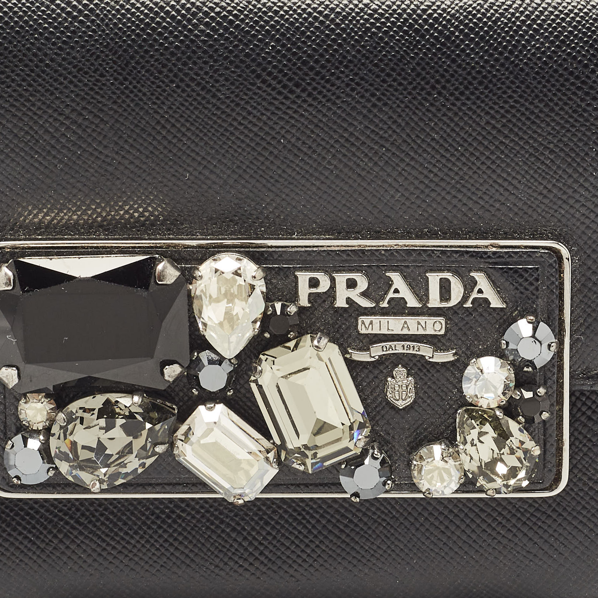 Prada Black Saffiano Leather Crystals Embellished Continental Wallet 