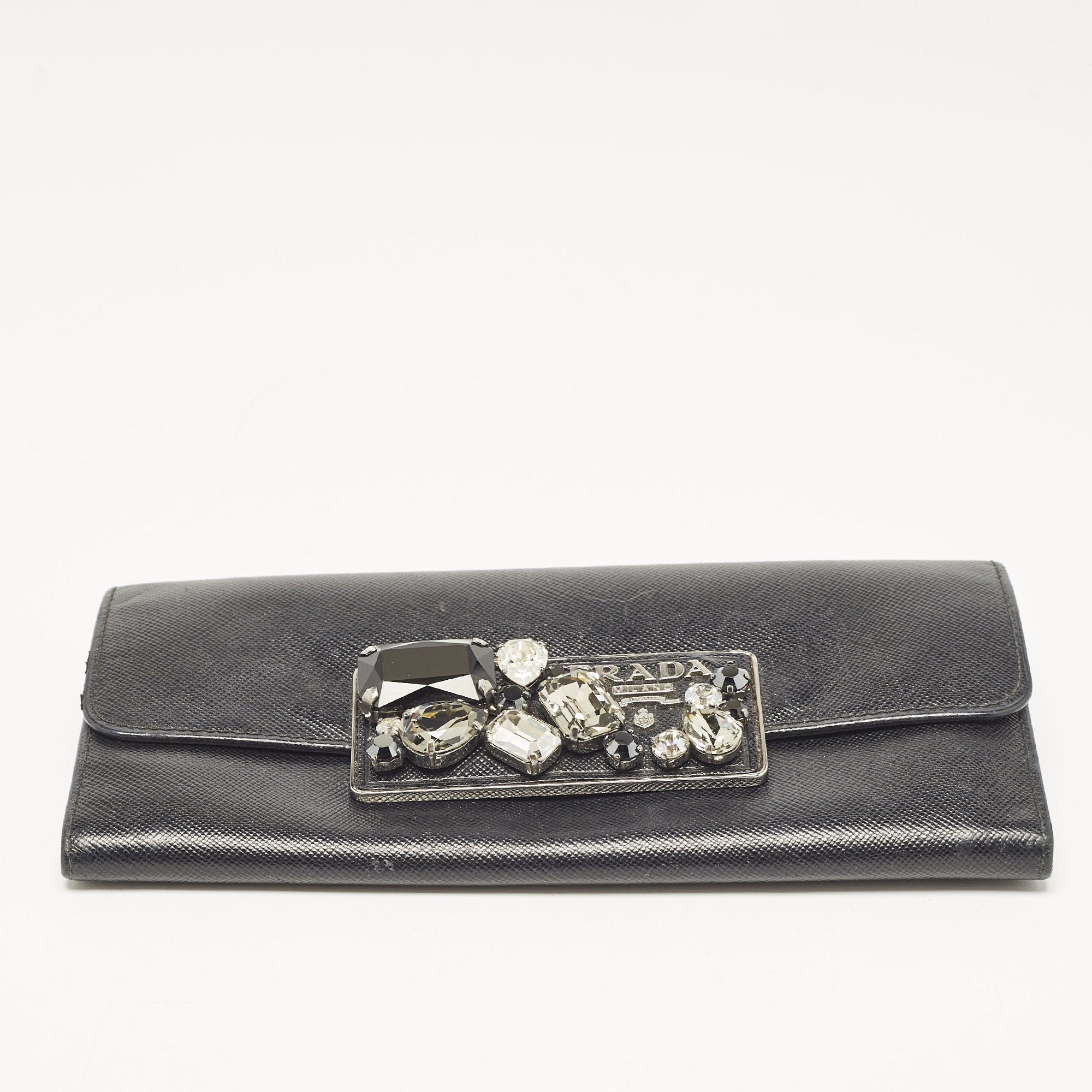 Prada Black Saffiano Leather Crystals Embellished Continental Wallet 