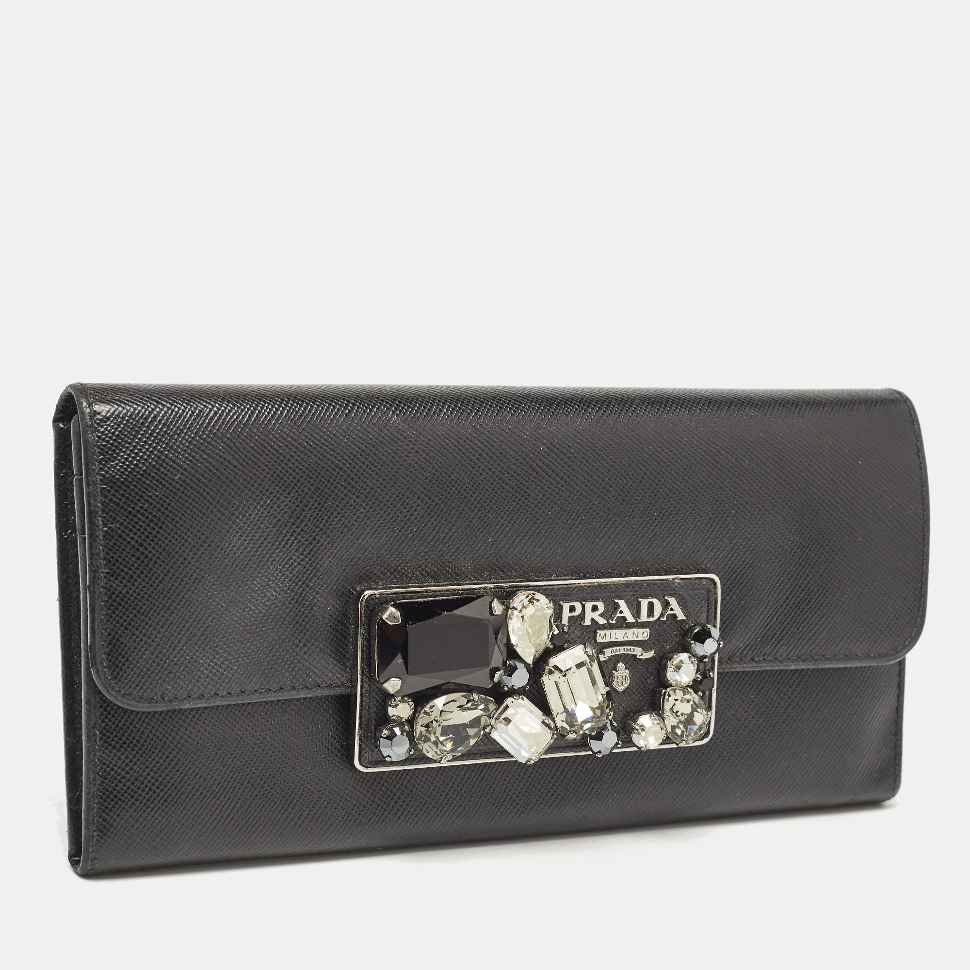 Prada Black Saffiano Leather Crystals Embellished Continental Wallet 