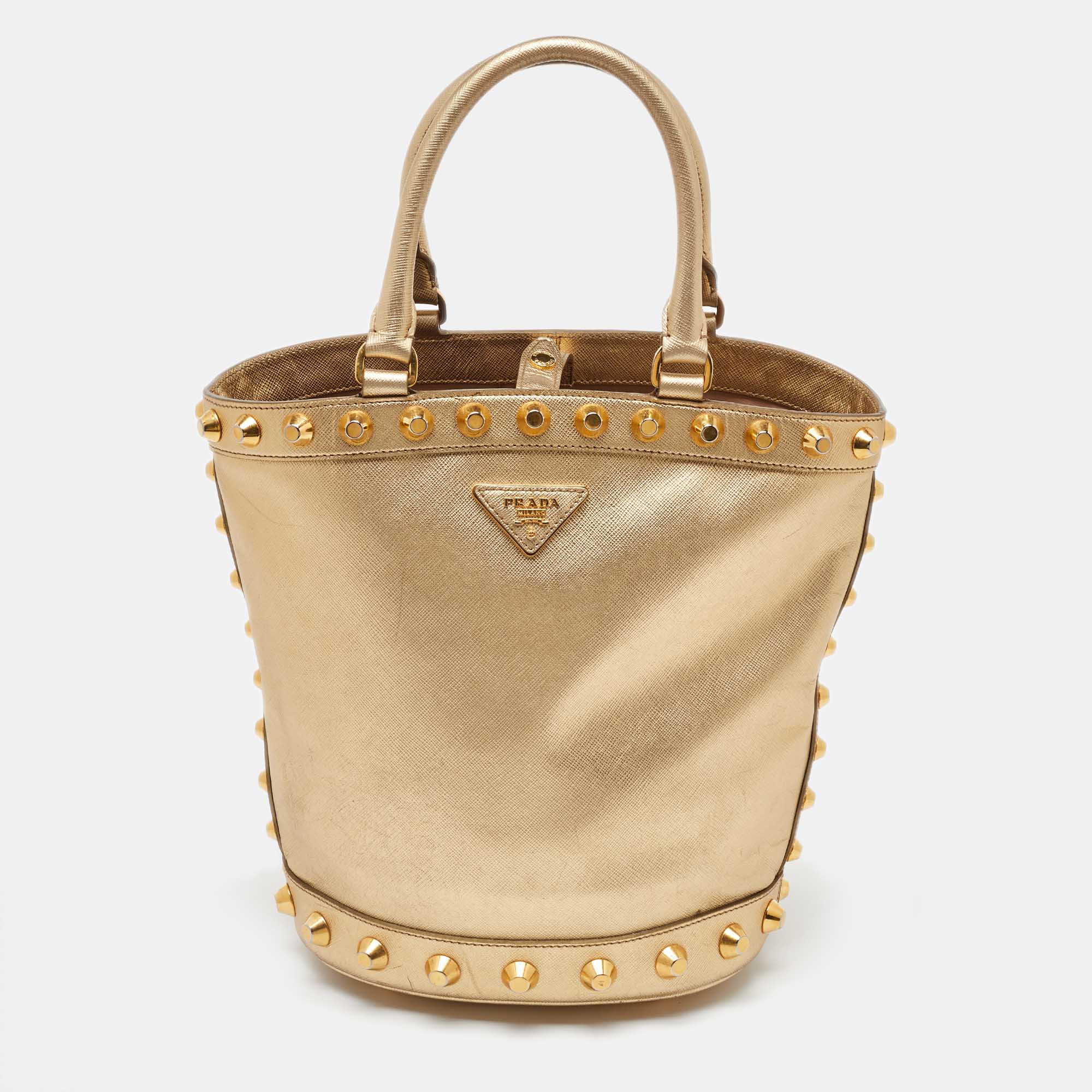 

Prada Metallic Gold Saffiano Vernice Leather Studded Satchel