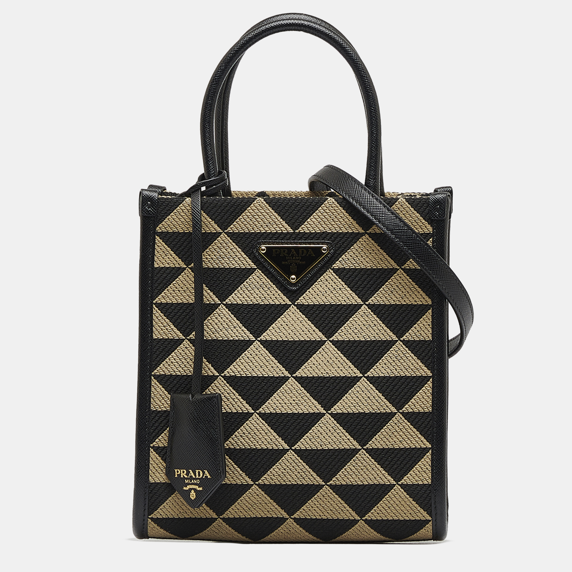 

Prada Black Brown Canvas Mini Symbole Triangolo Tote Bag