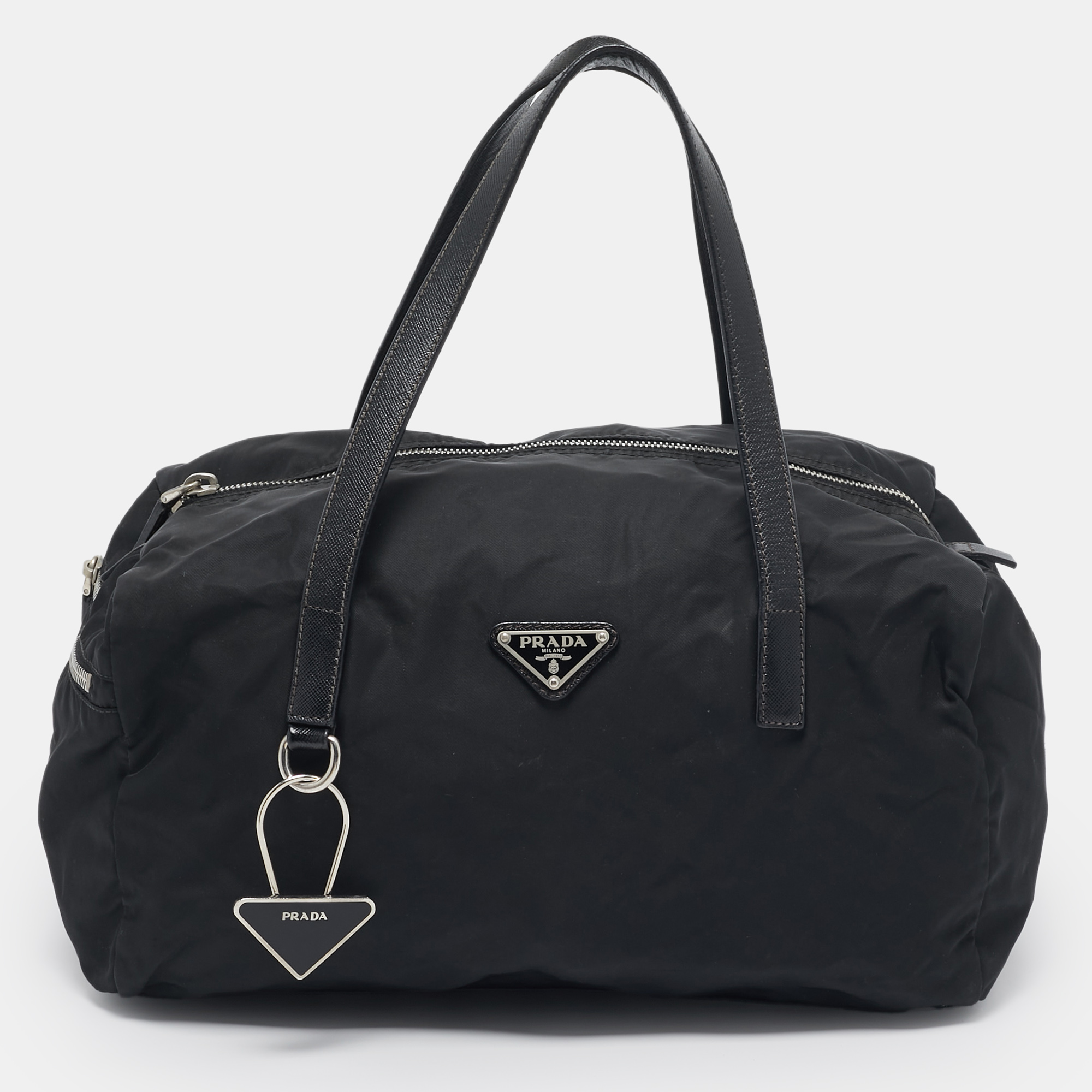 

Prada Black Saffiano Leather and Nylon Triangle Logo Duffel Bag