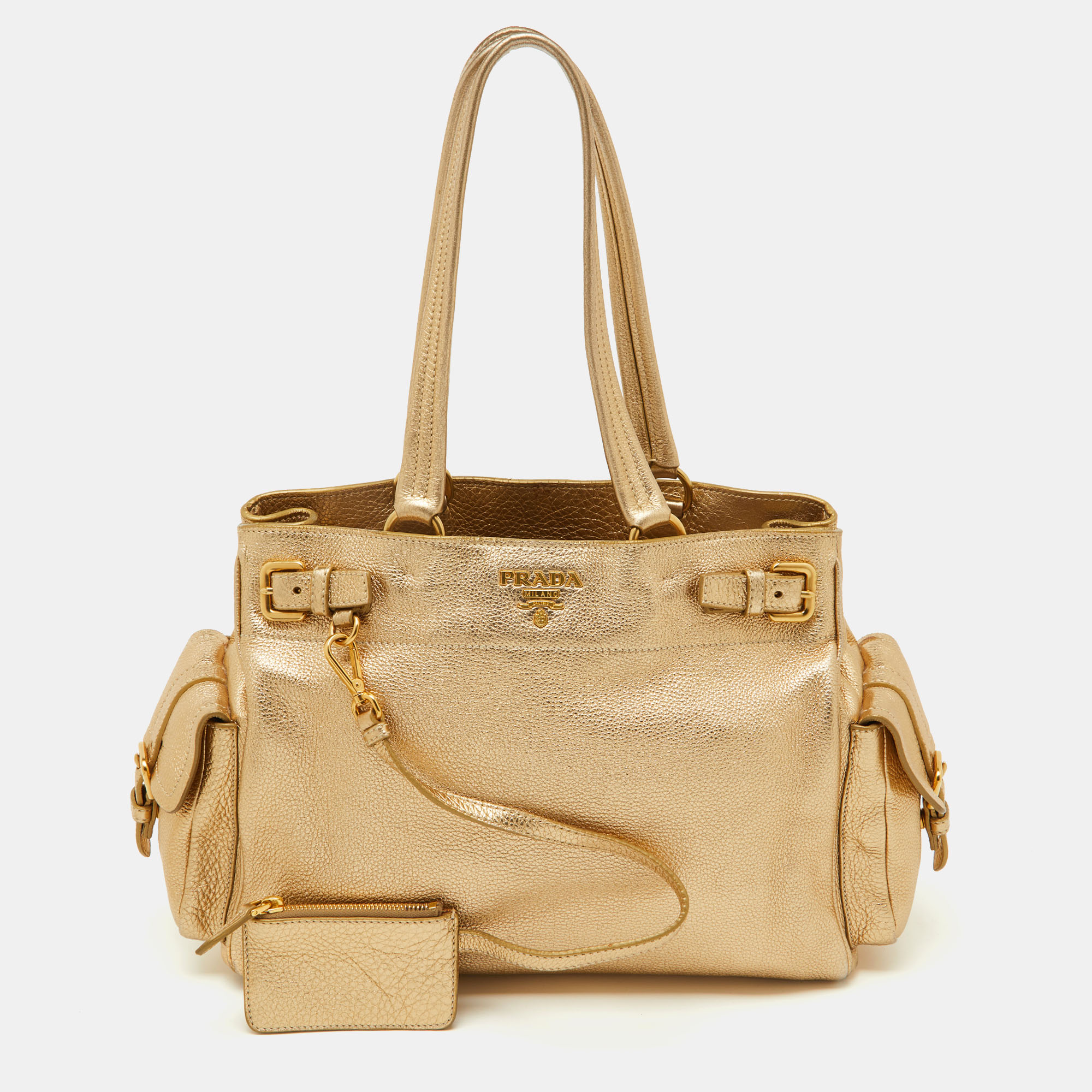 

Prada Gold Leather Vitello Daino Side Pocket Shoulder Bag