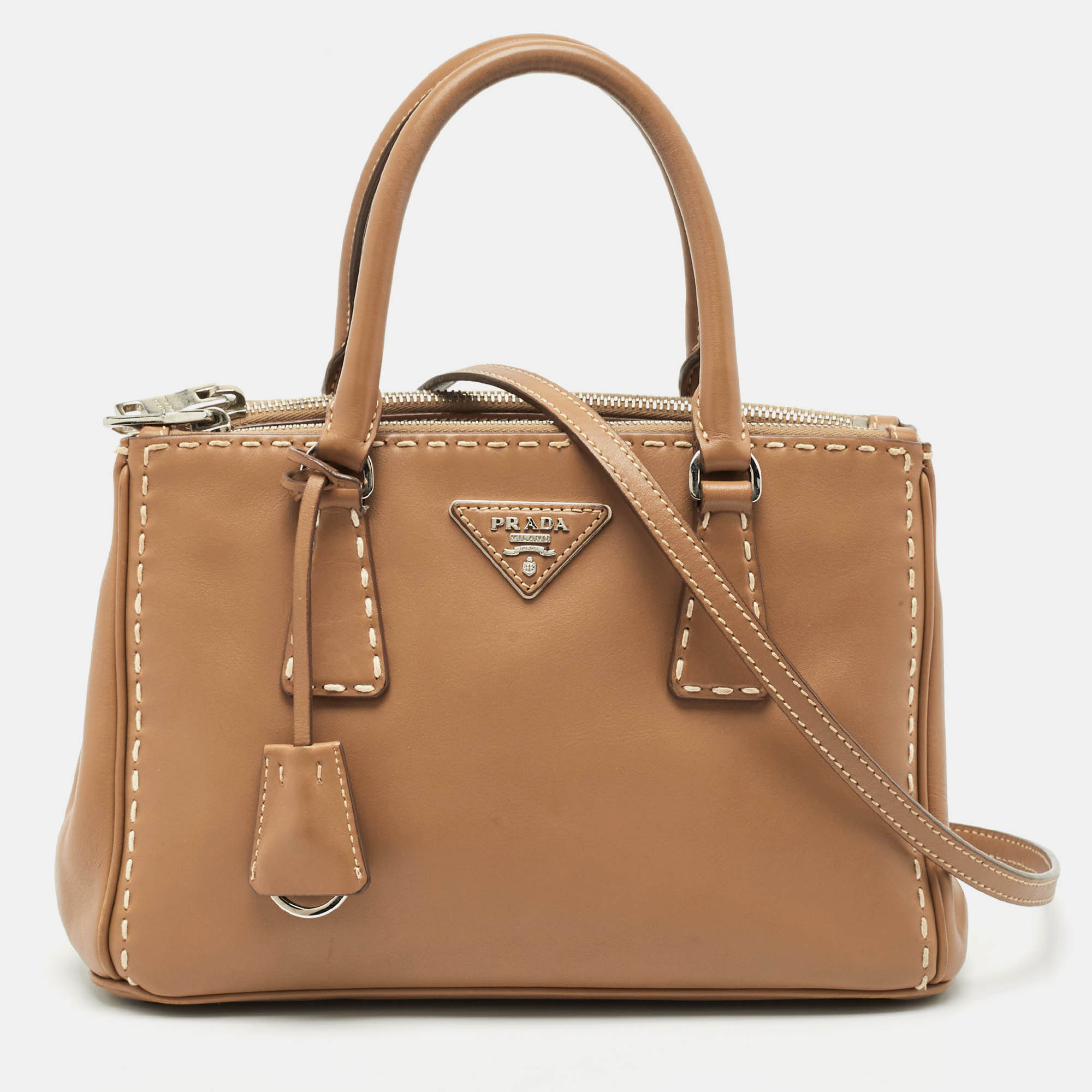 

Prada Tan Leather Mini Stitched Double Zip Tote