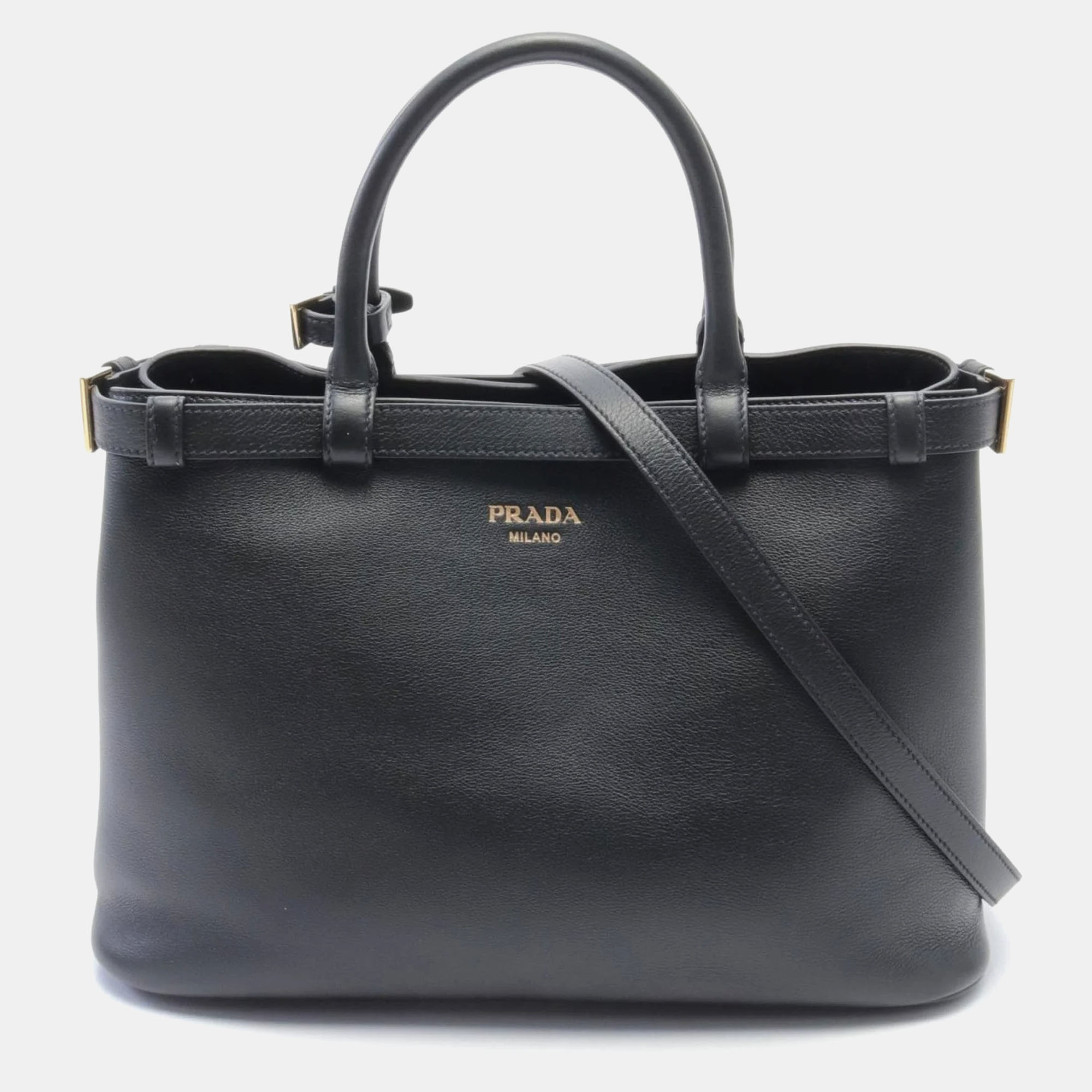 

Prada Black Leather Buckle Belt Tote Bag