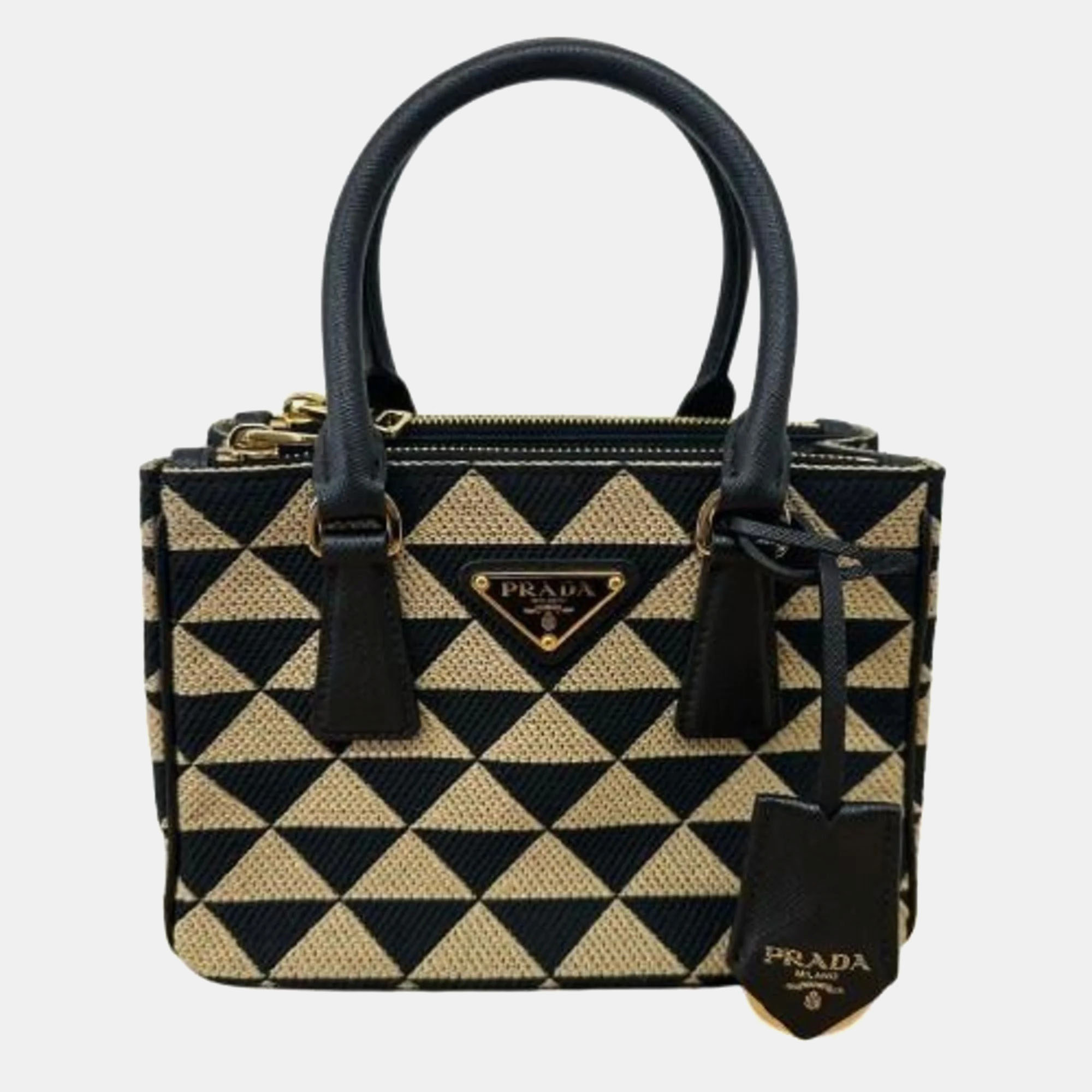 

Prada Black Beige Jacquard Leather Galleria Tote Bag