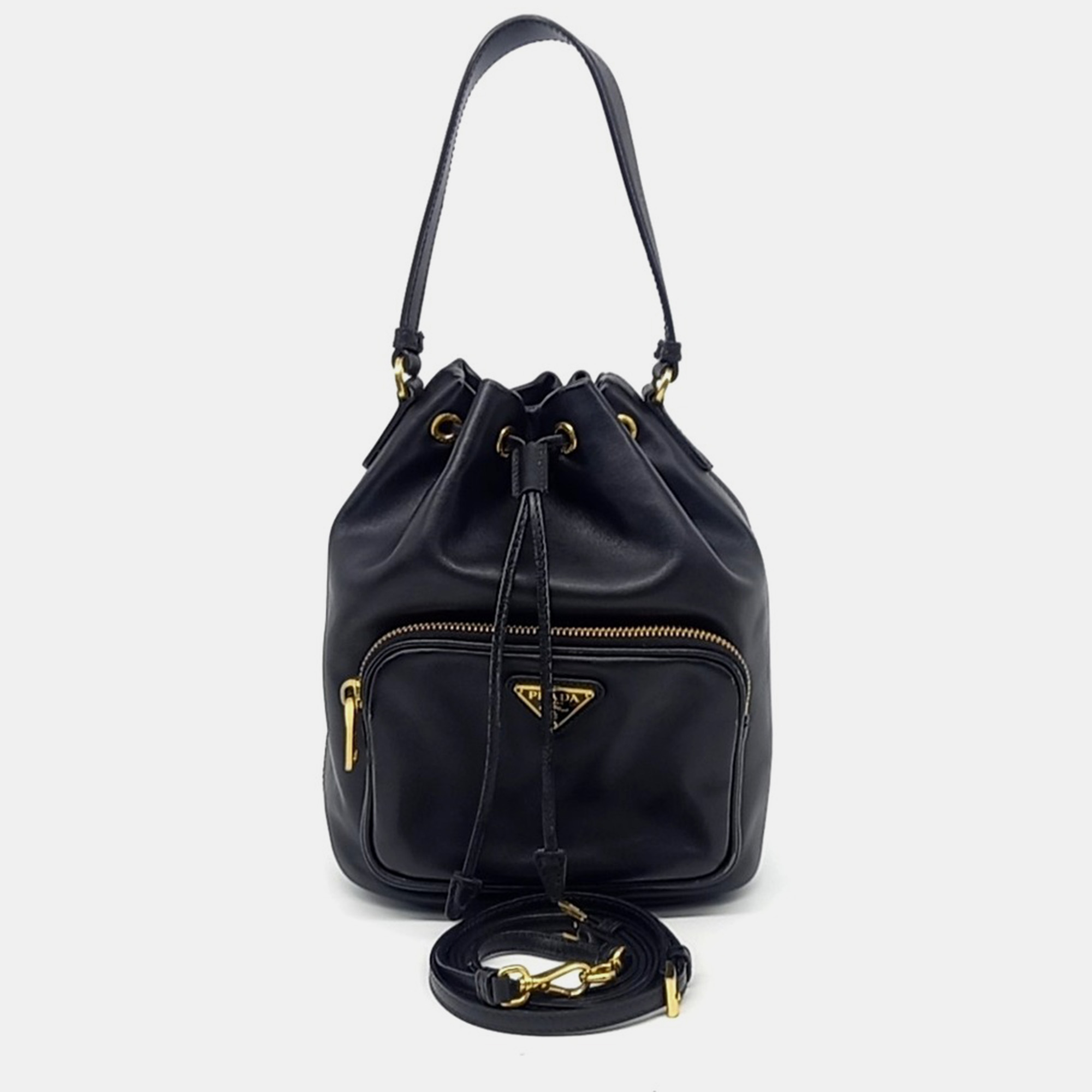 

Prada Black Leather Soft Calf Soft Calf Bucket Tote and Crossbody Bag