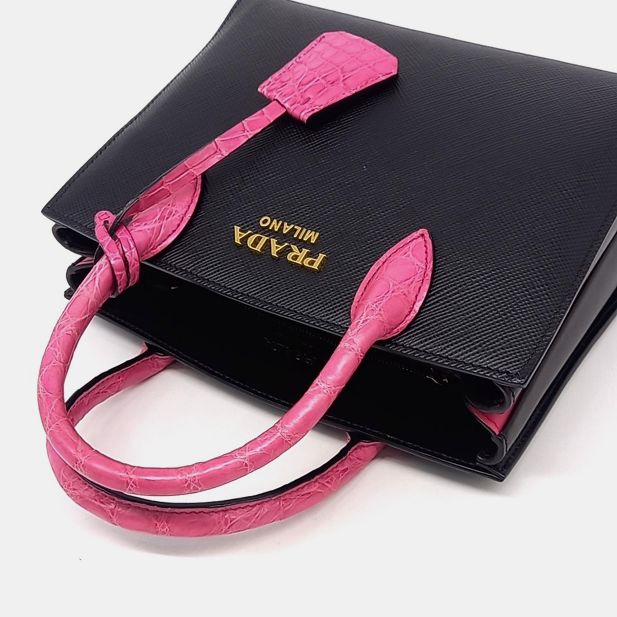 Prada Black Pink Leather Tote Bag 