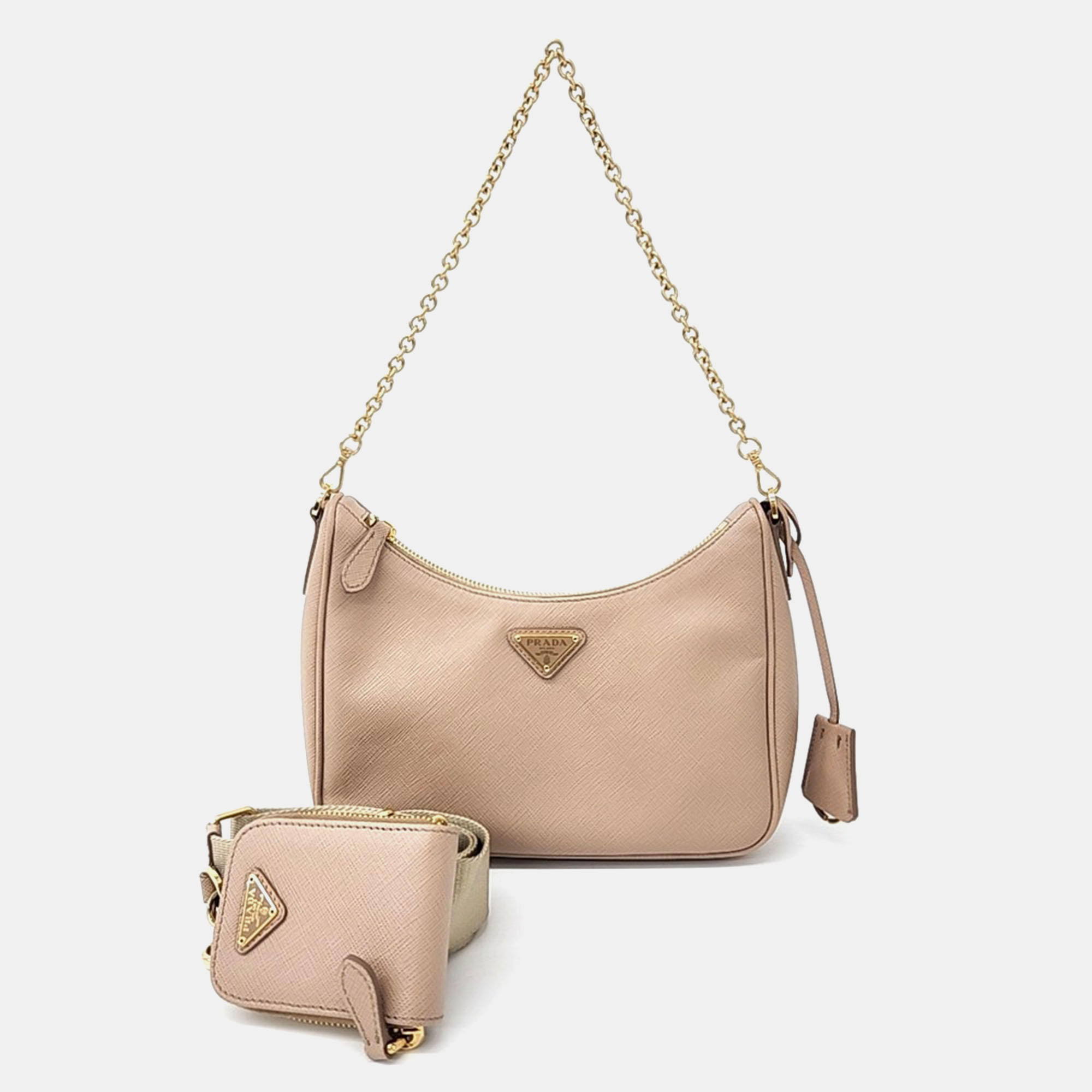 

Prada Beige Leather Tesuto Luxe Chain Hobo Bag