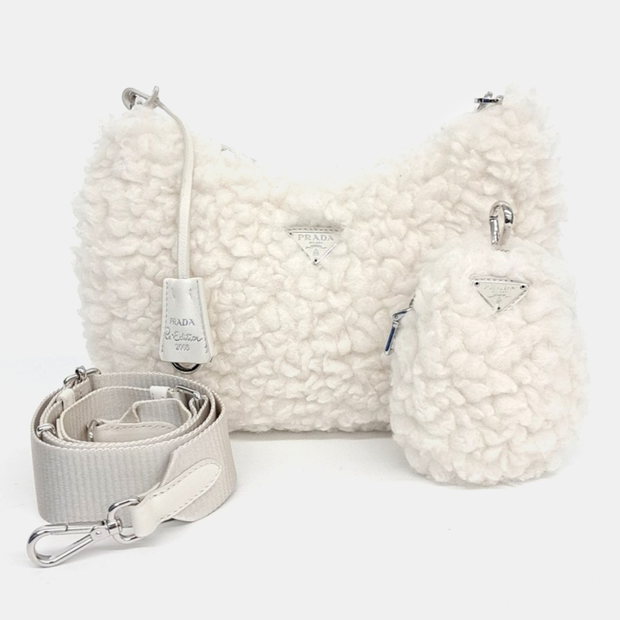 

Prada White Fur Chain Strap Hobo Bag