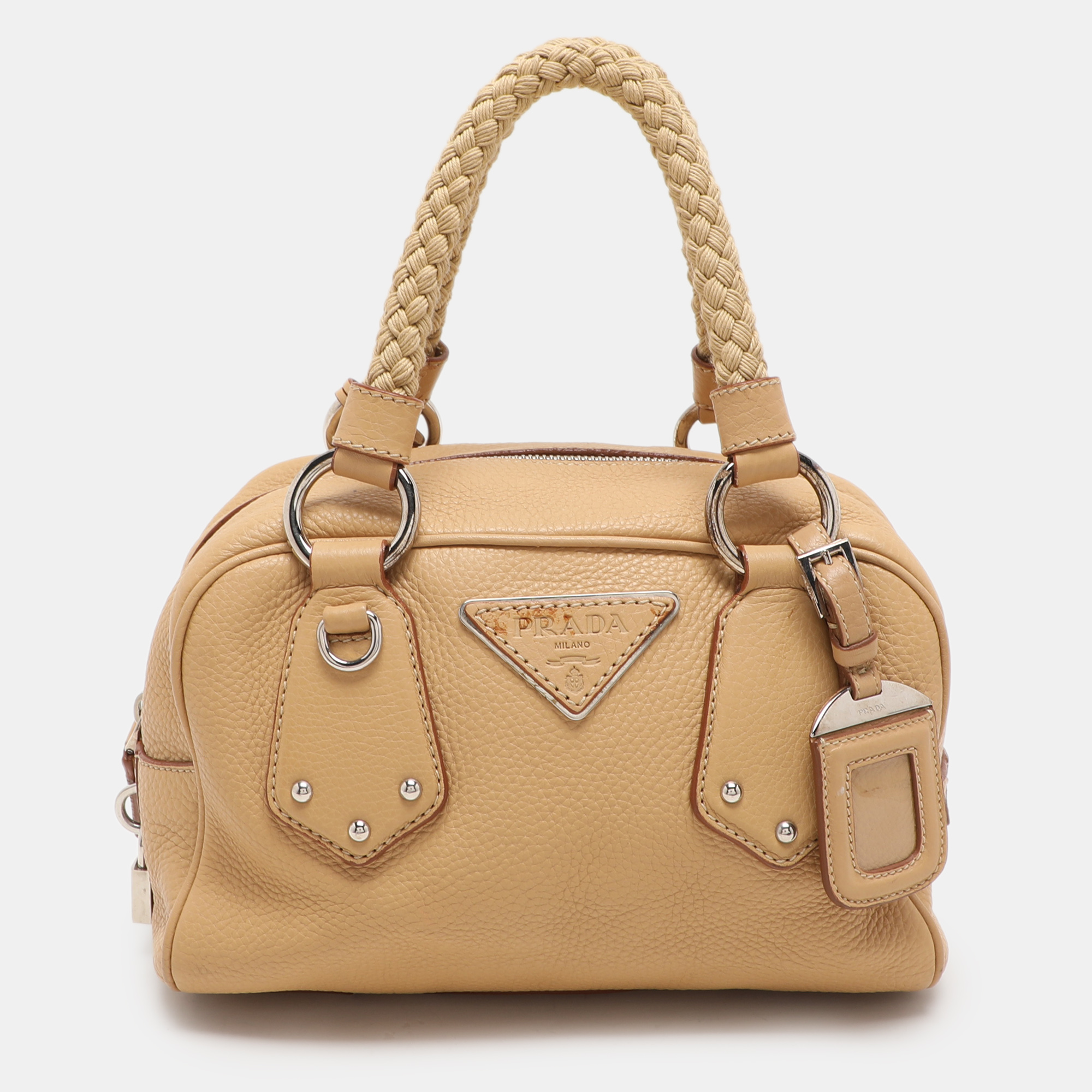 

Prada Beige Vitello Daino Leather Rope Handle Bauletto Bowler Bag