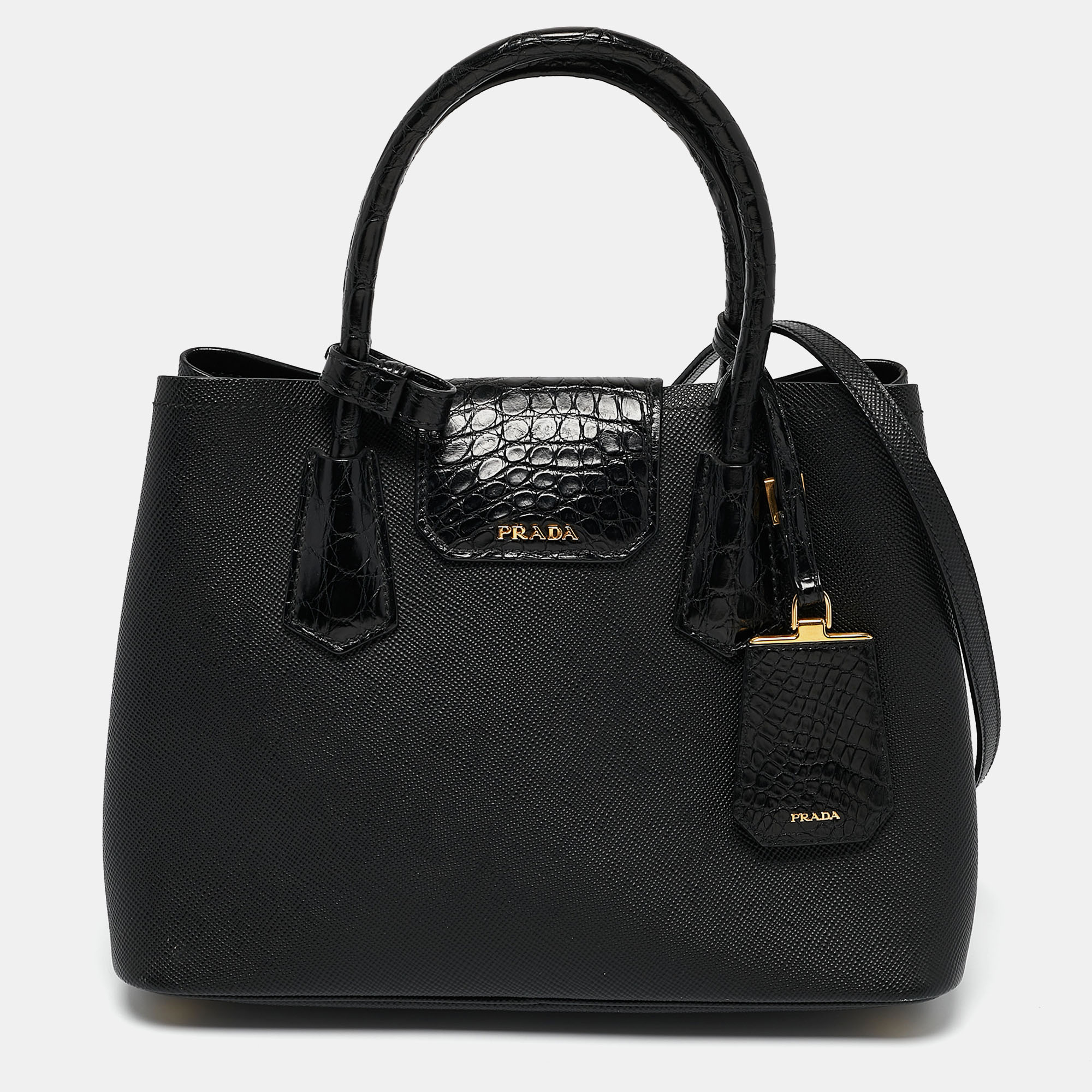 

Prada Black Saffiano Cuir Leather and Alligator  Double Handle Tote