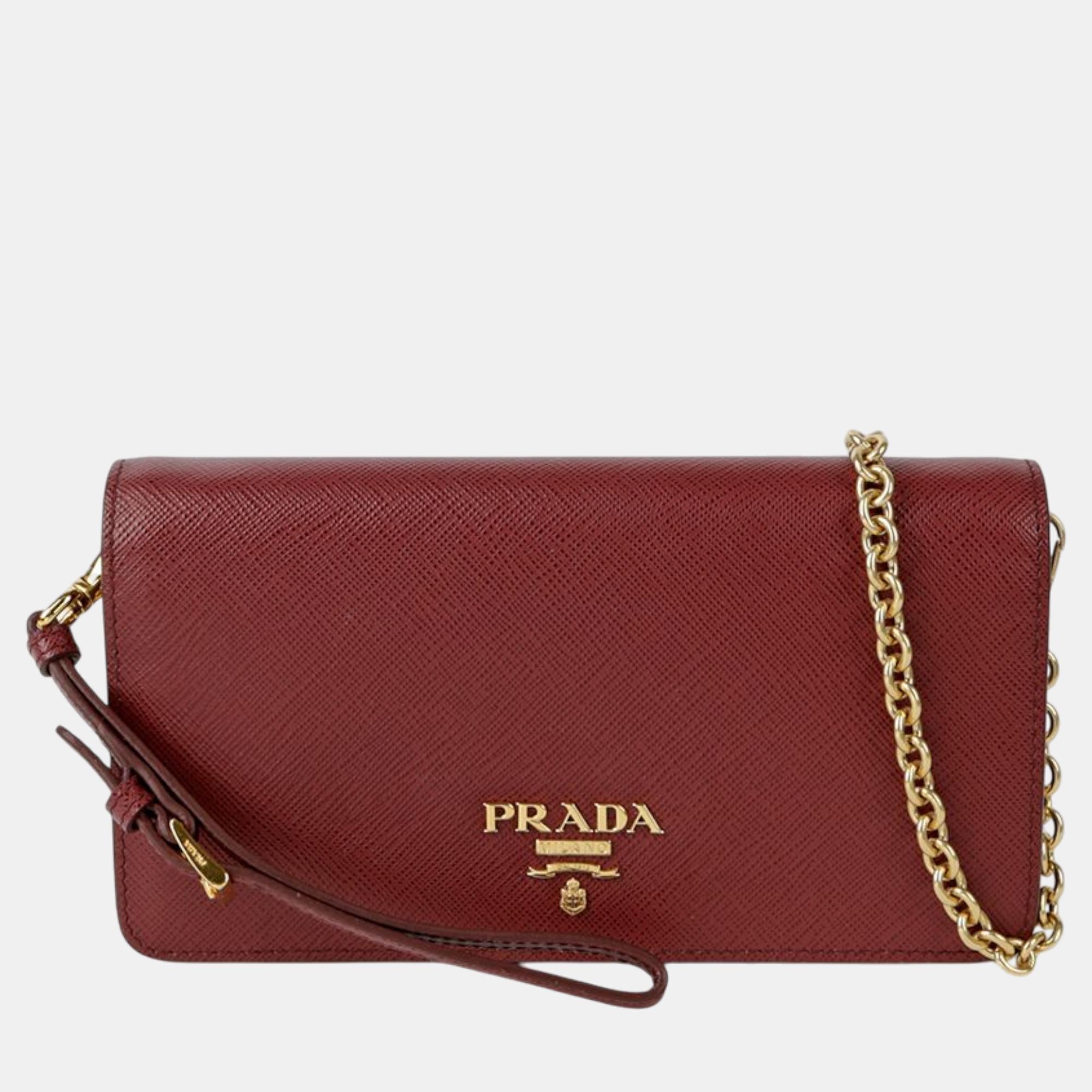 

Prada Saffiano Leather Wallet with Chain, Burgundy