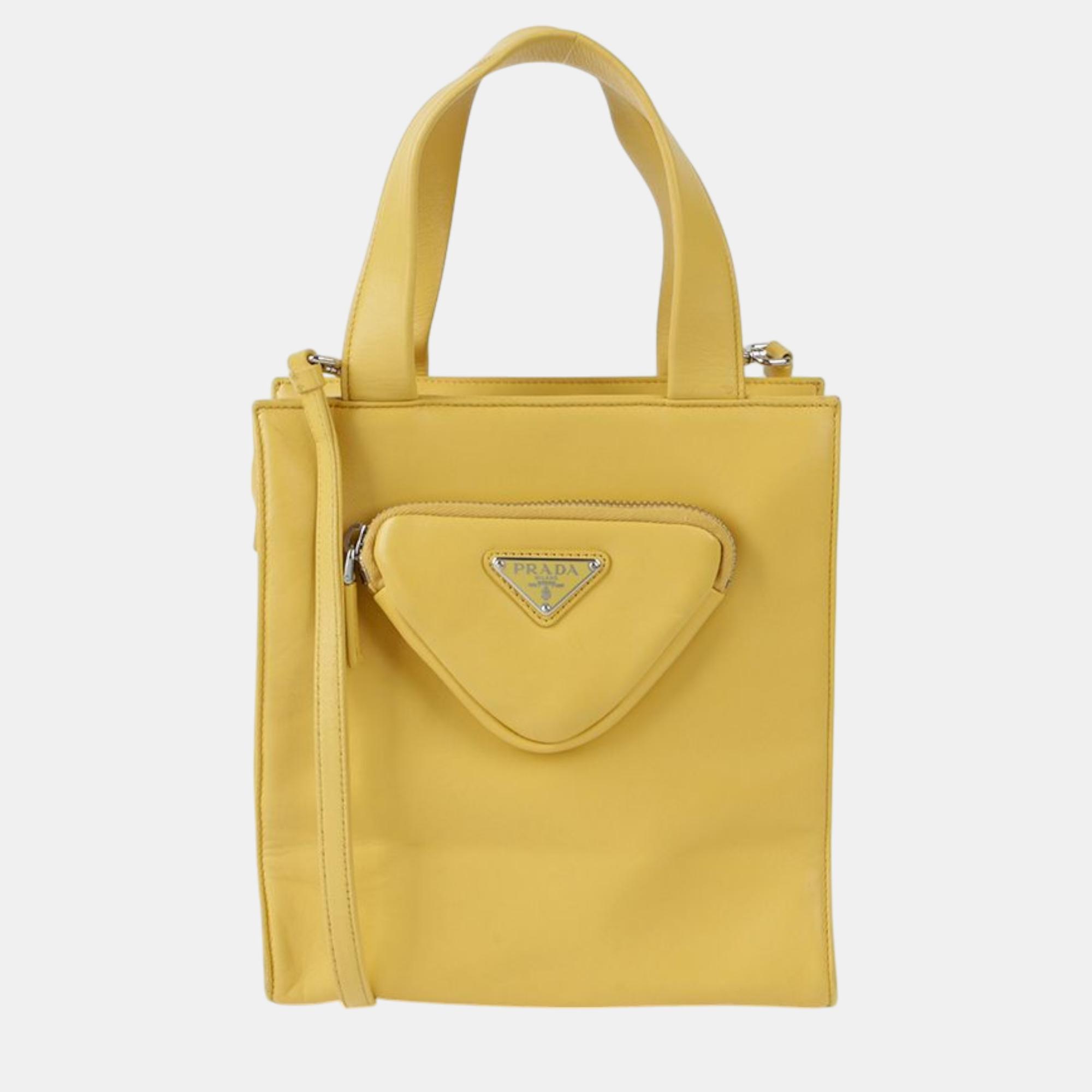 

Prada Yellow Leather Triangle Logo Pocket Tote