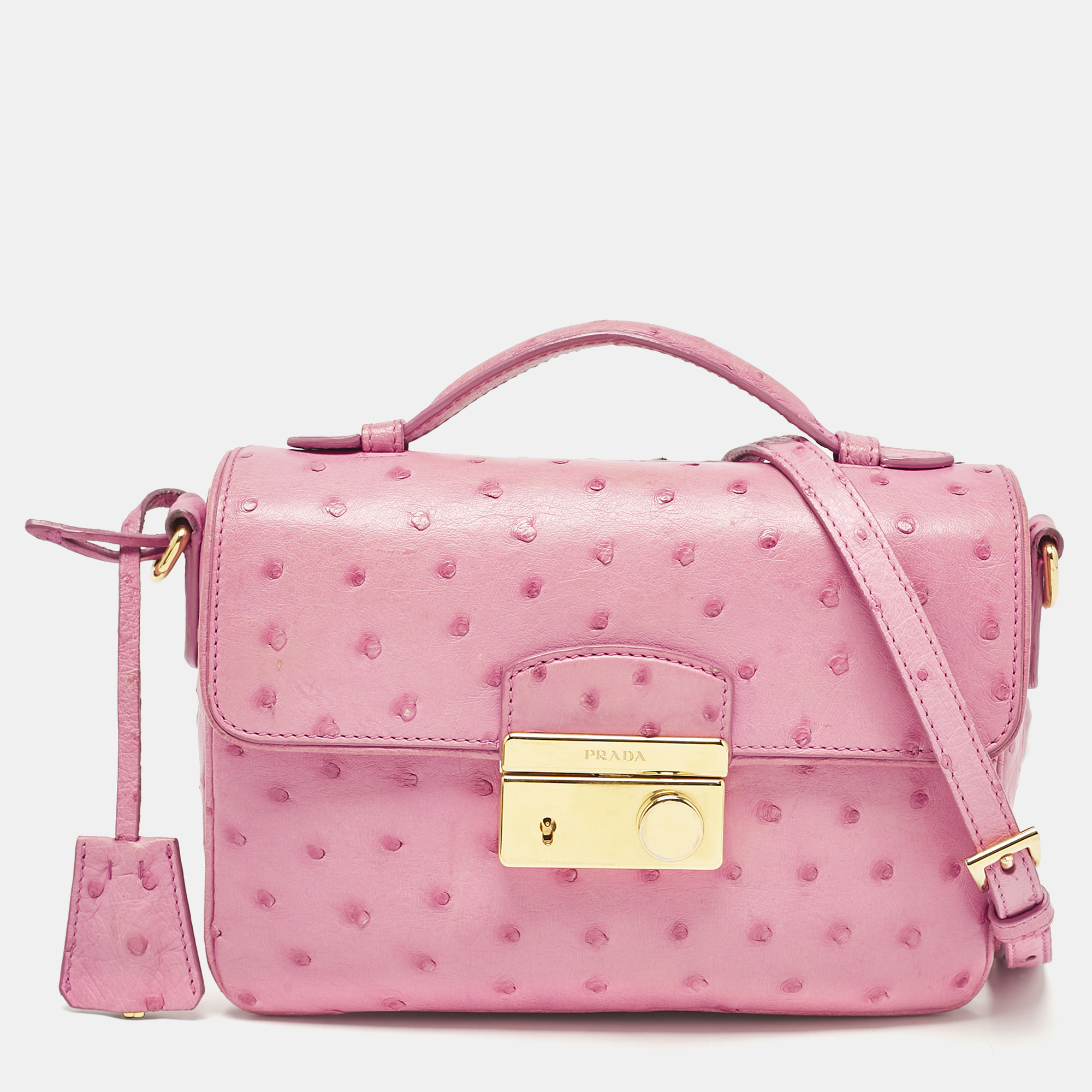 

Prada Pink Ostrich Leather Sound Top Handle Bag