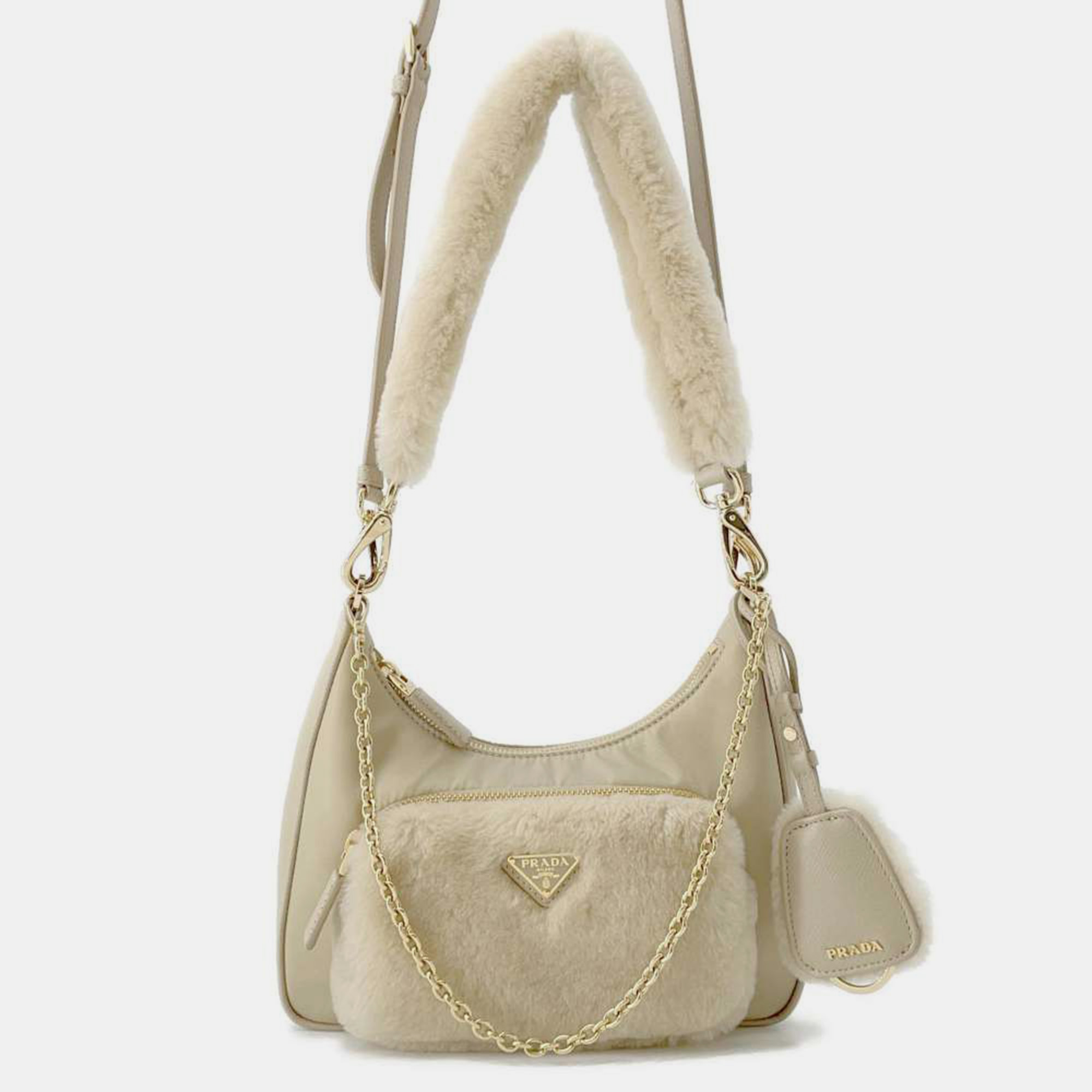 

Prada Re-Nylon Shearling Mini Bag Sand Beige Shearling Nylon Leather Bag