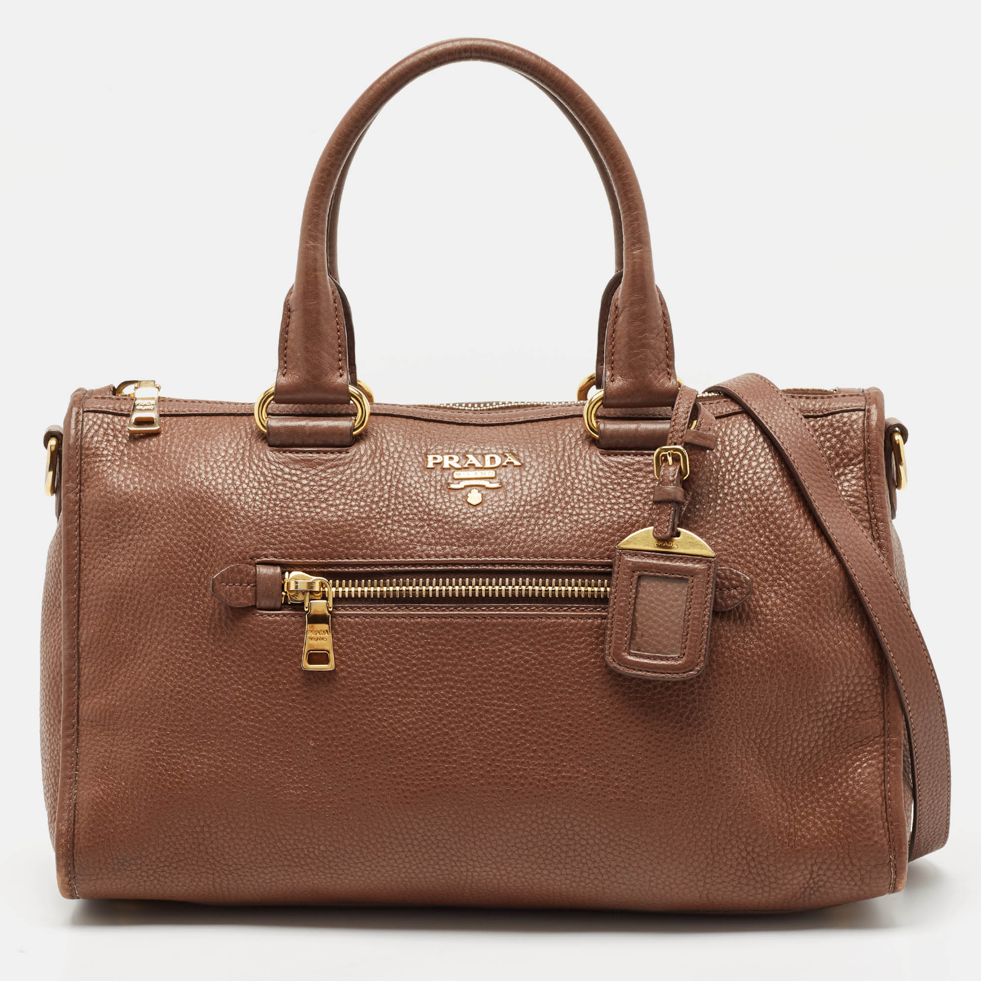 

Prada Brown Leather Vitello Daino Zip Satchel