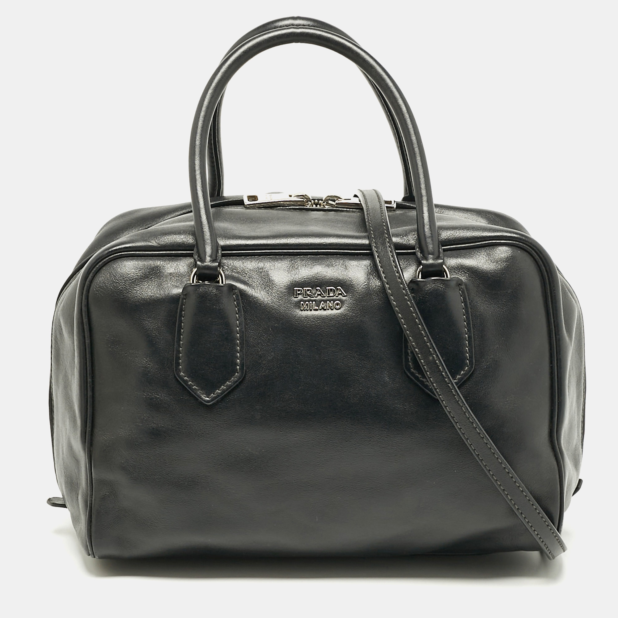 

Prada Black Leather Double Compartment Bauletto Satchel