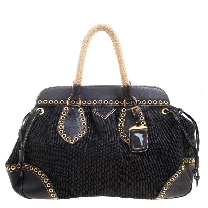 Pre Owned Prada Black Woven Straw and Leather Eyelet Frame Satchel