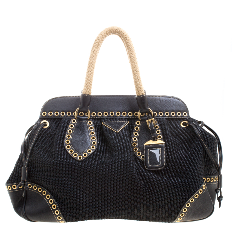 Prada Black Woven Straw and Leather Eyelet Frame Satchel