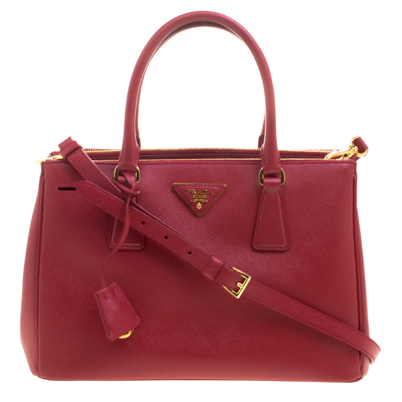 Pre Owned Prada Red Saffiano Lux Leather Double Zip Tote