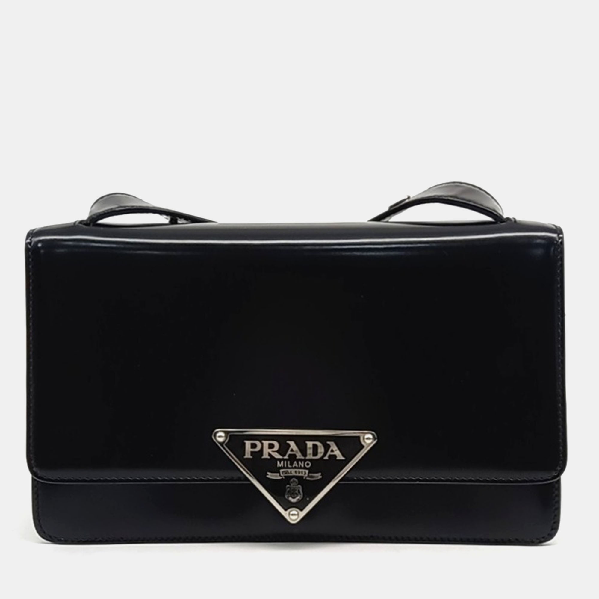 

Prada Black Leather Emblem Brushed Shoulder Bag