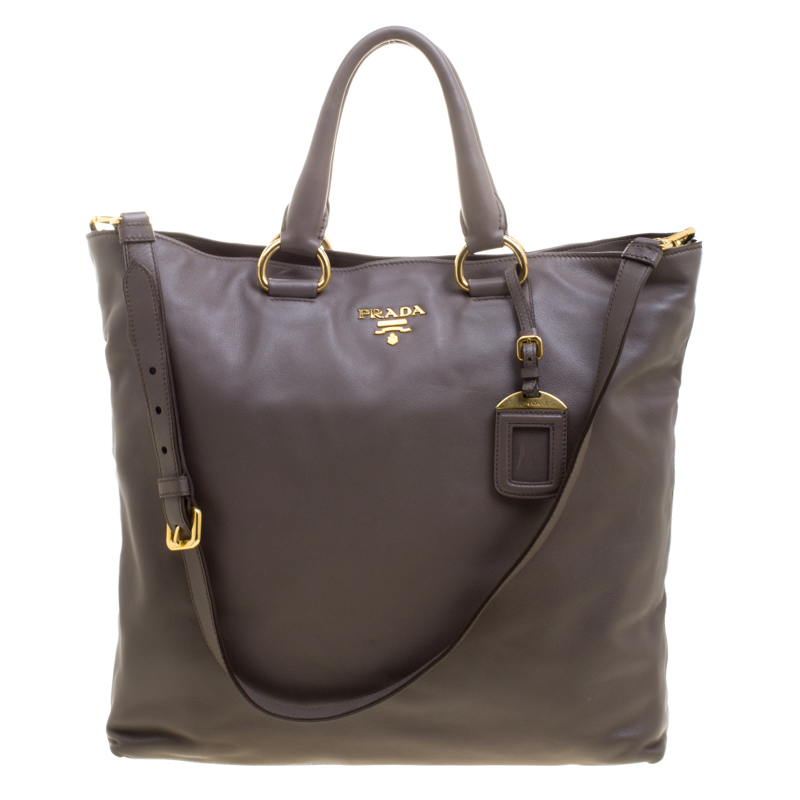 Pre Owned Prada Taupe Soft Leather Large Shopping Tote