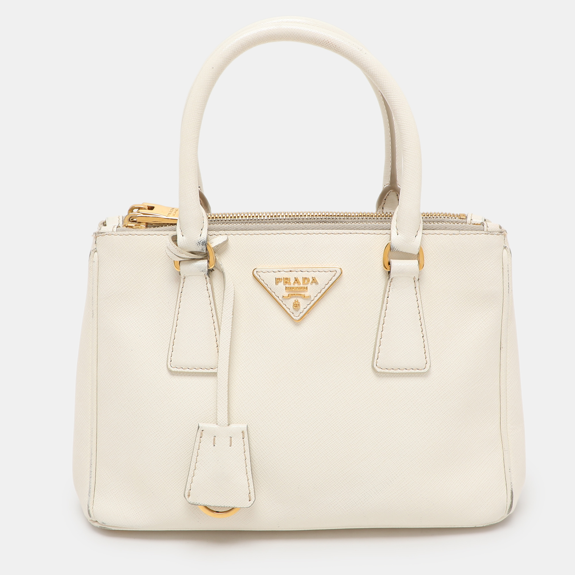 

Prada White Saffiano Leather Double Zip Tote