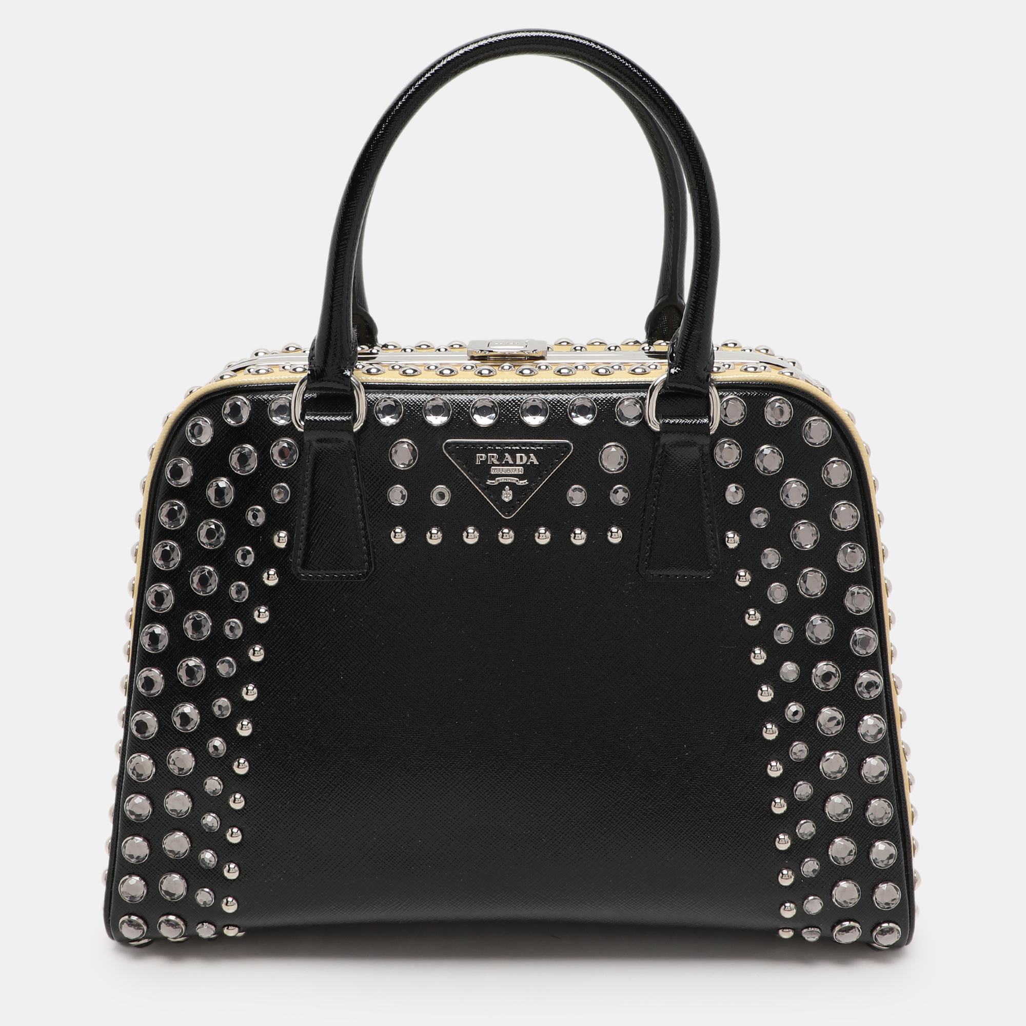 

Prada Black/Yellow Patent Leather Crystal Embellished Pyramid Frame Satchel