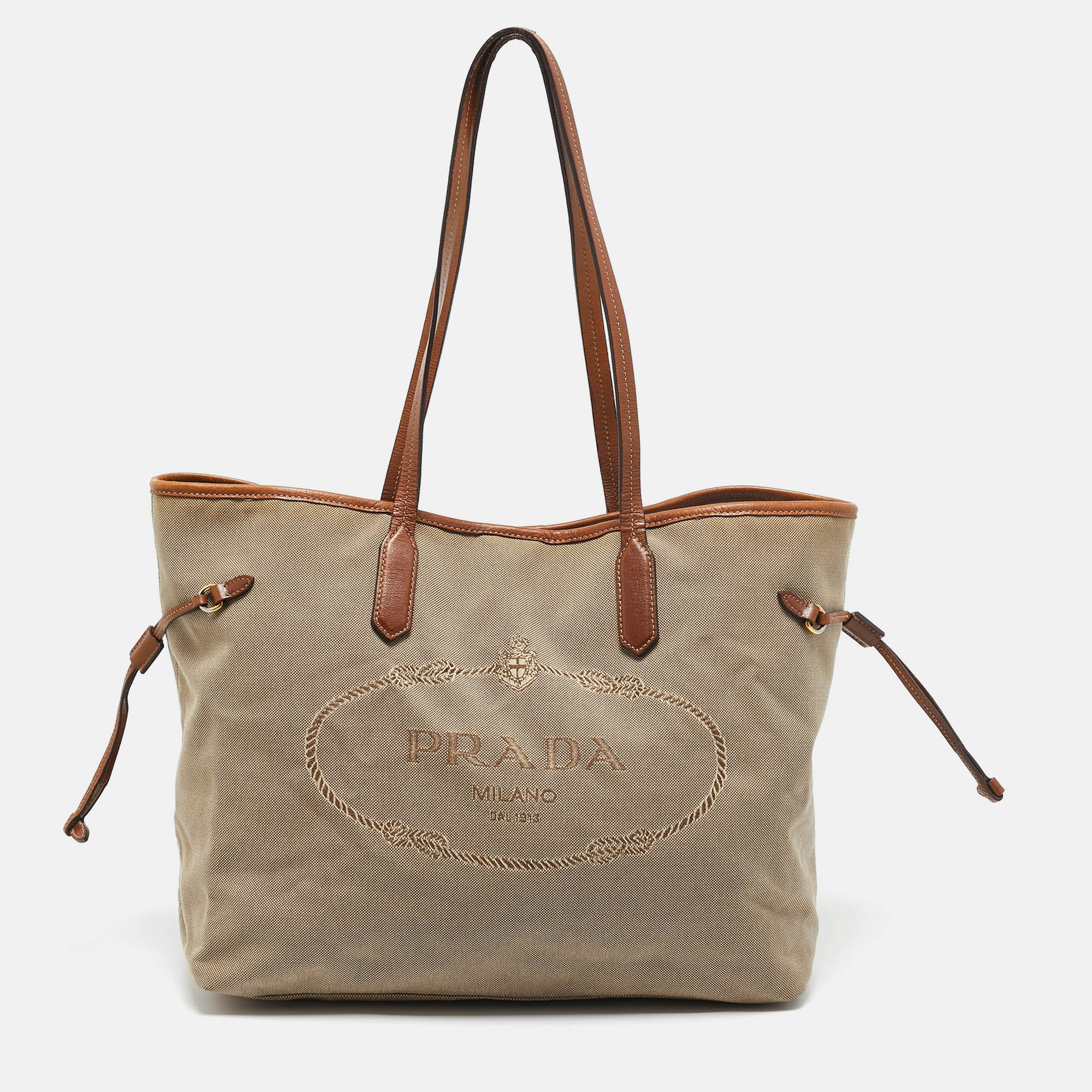 

Prada Beige/Brown Logo Jacquard and Leather Shopper Tote