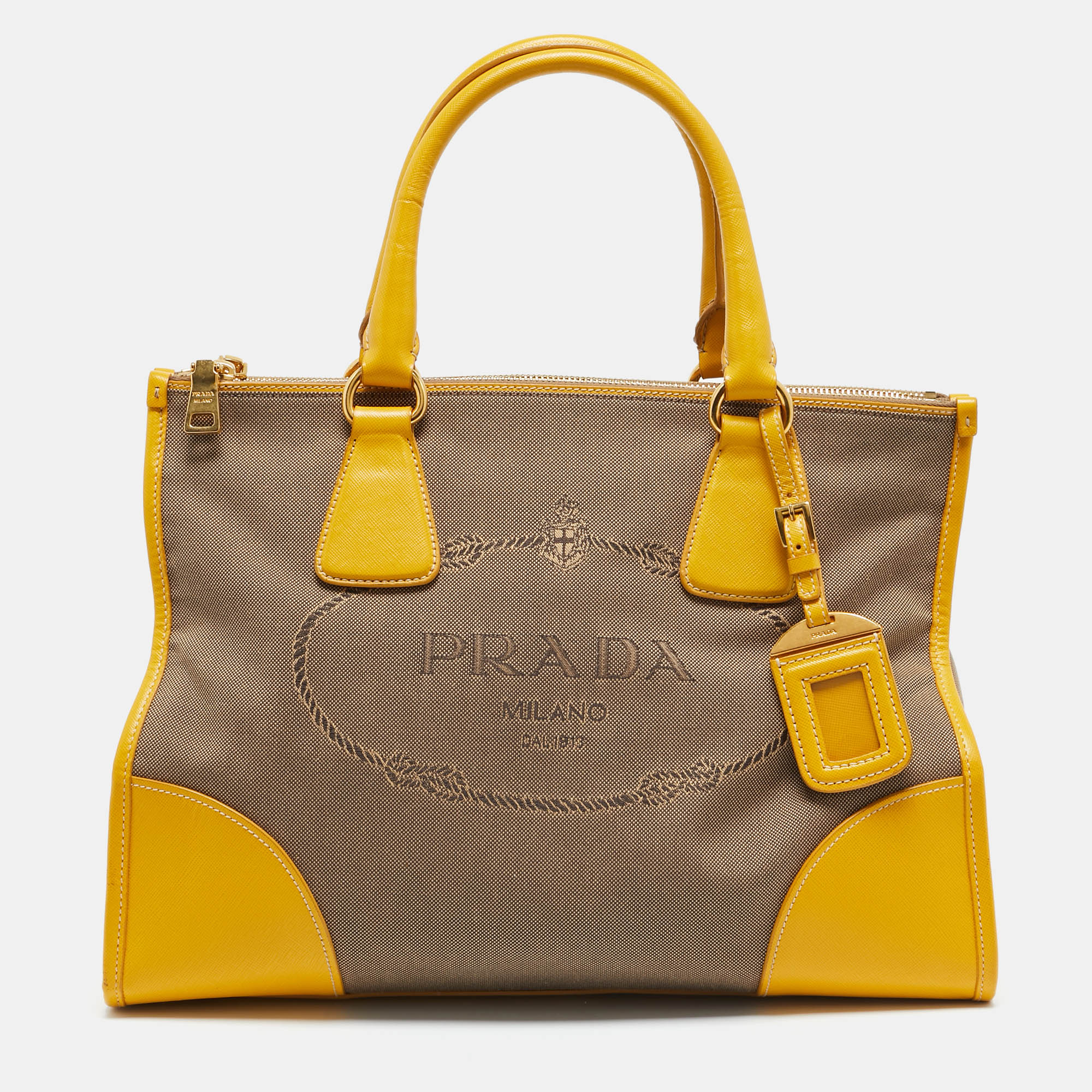 

Prada Yellow/Beige Logo Jacquard and Leather Double Zip Tote