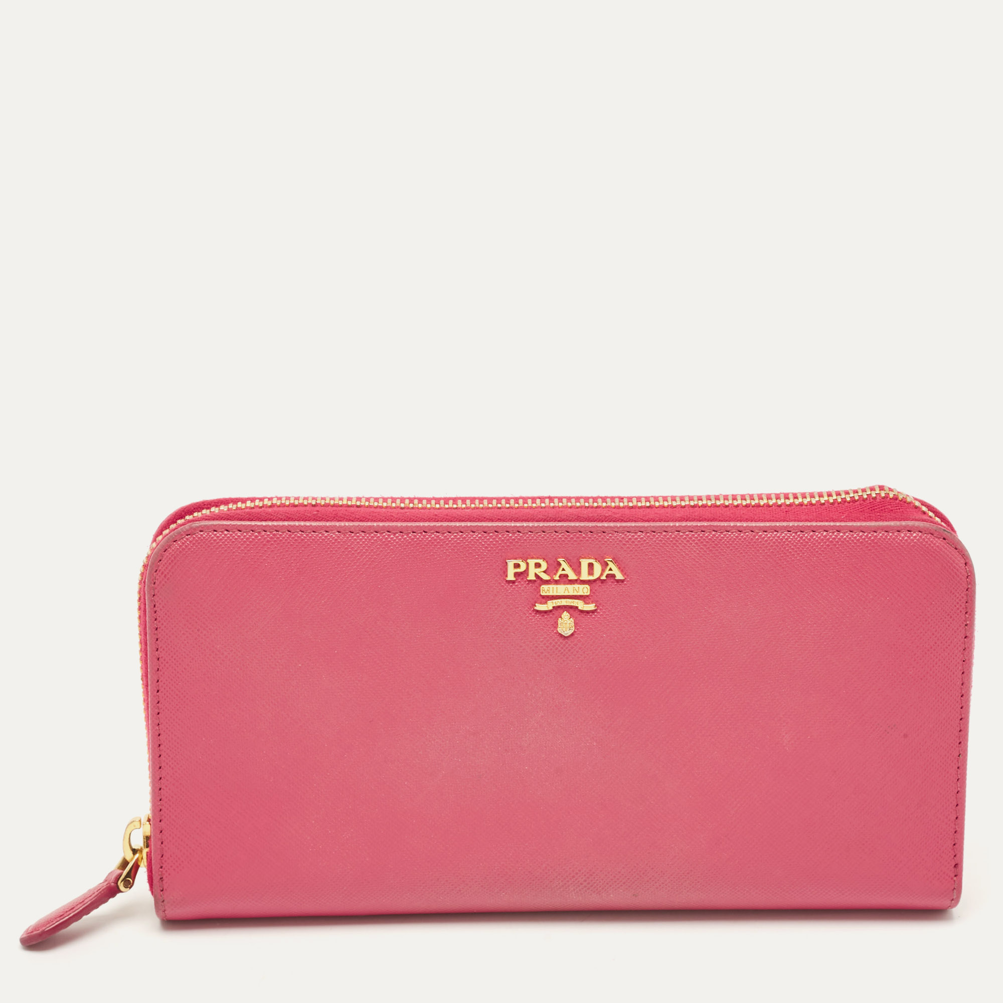 

Prada Pink Saffiano Metal Leather Logo Zip Continental Wallet