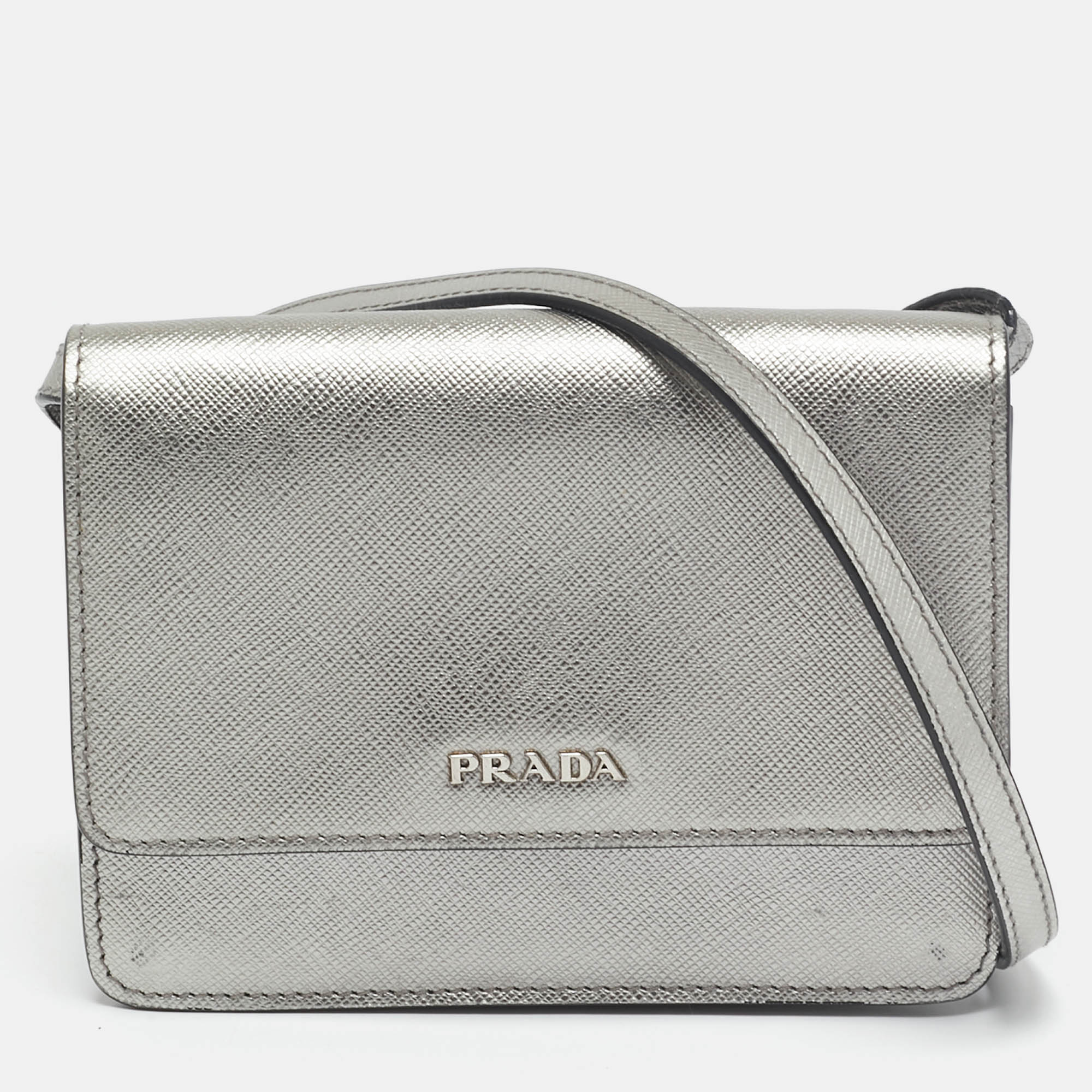 

Prada Silver Saffiano Lux Leather Mini Flap Crossbody Bag