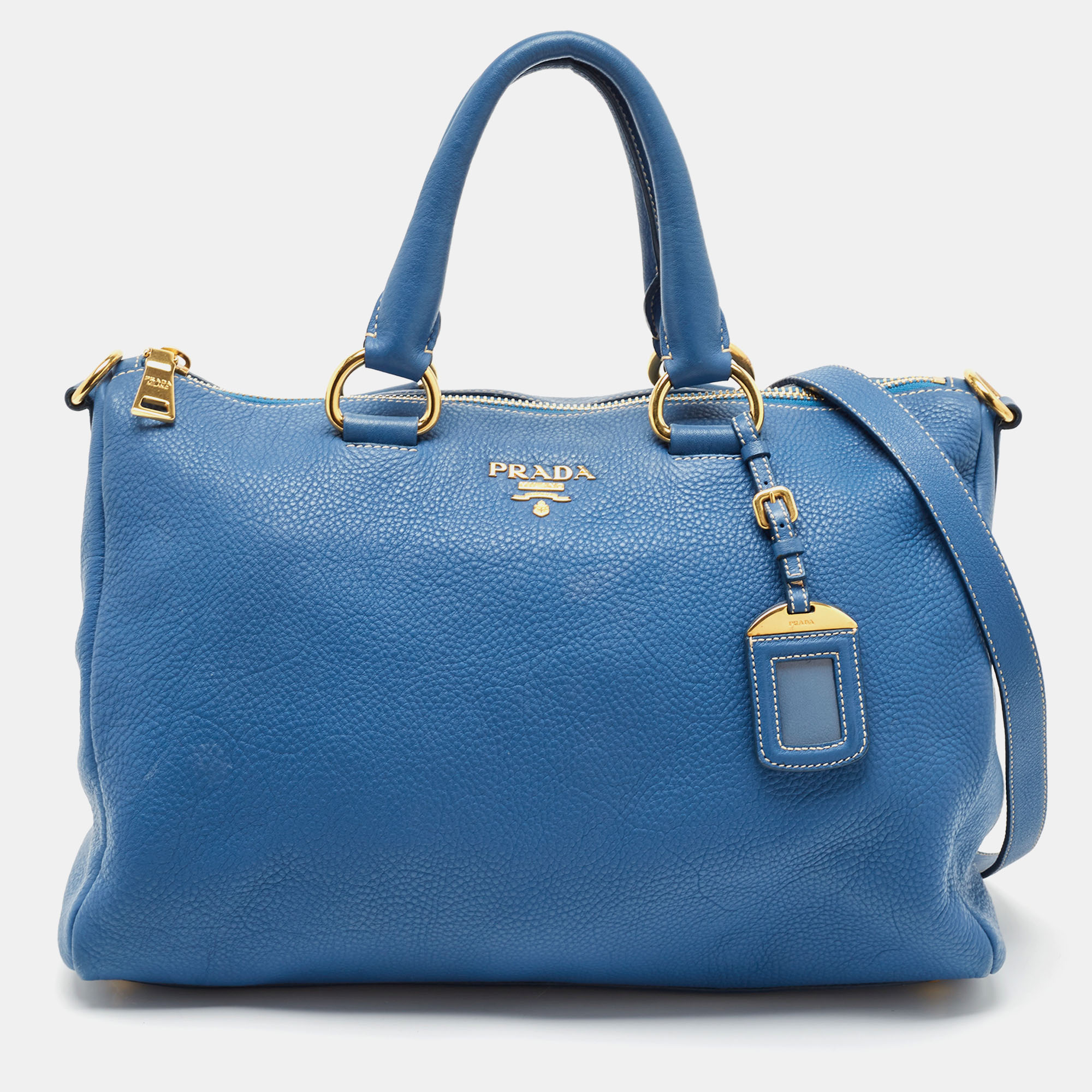 

Prada Blue Vitello Daino Leather Bauletto Bag