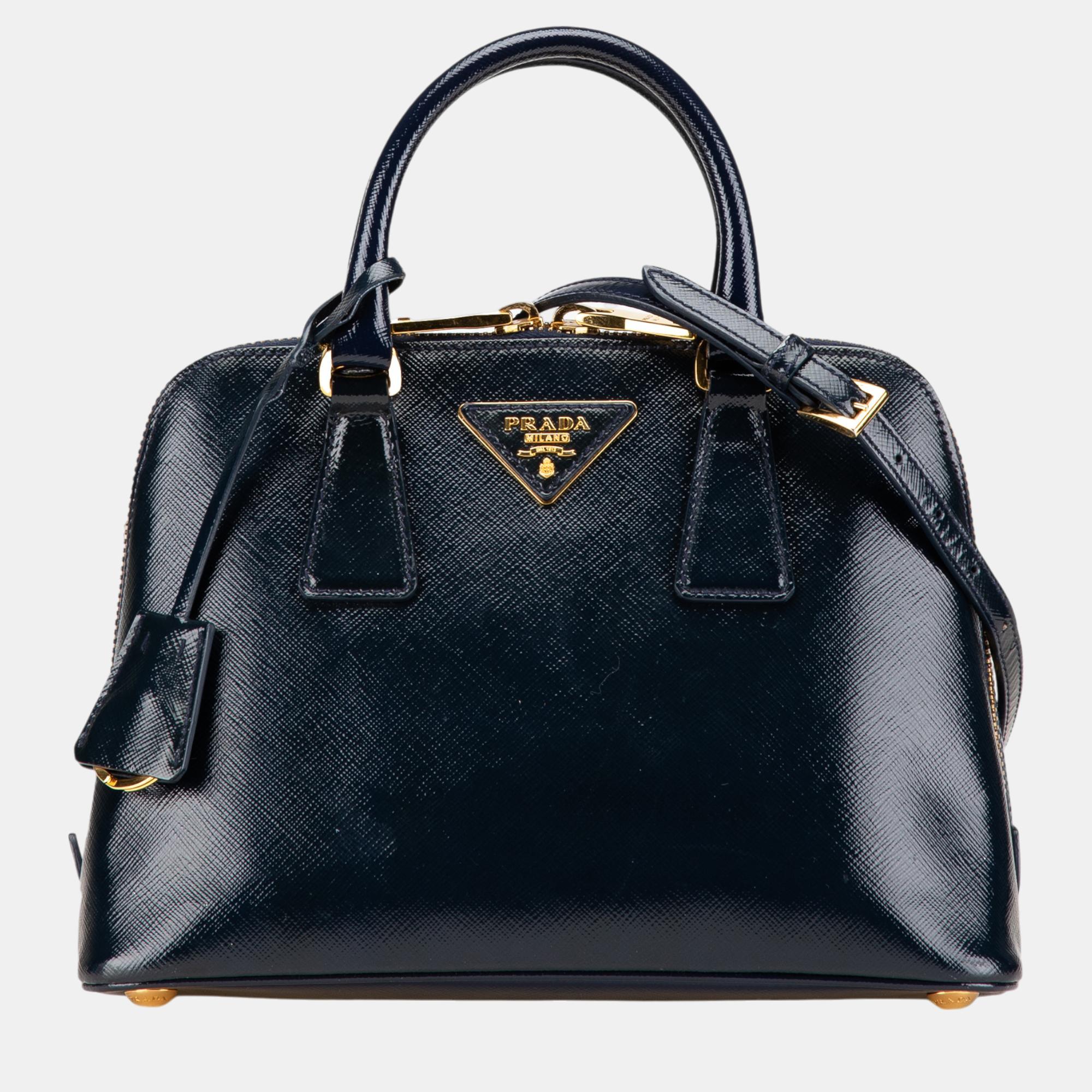 

Prada Navy Blue Small Saffiano Vernice Promenade Satchel