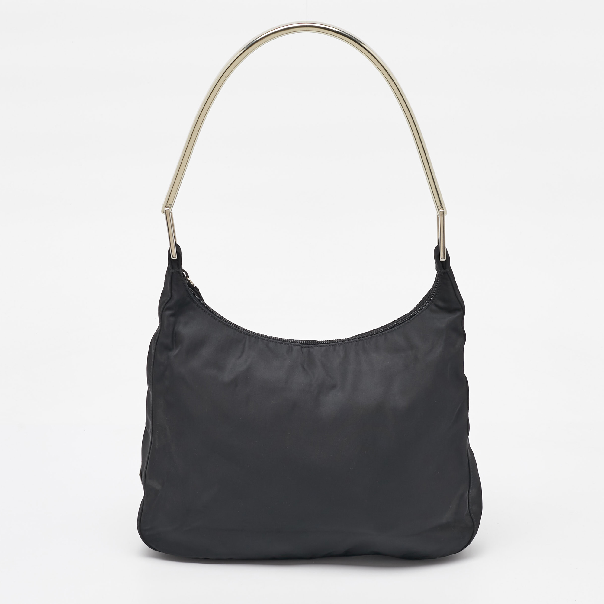 

Prada Black Nylon Triangle Logo Metal Handle Hobo