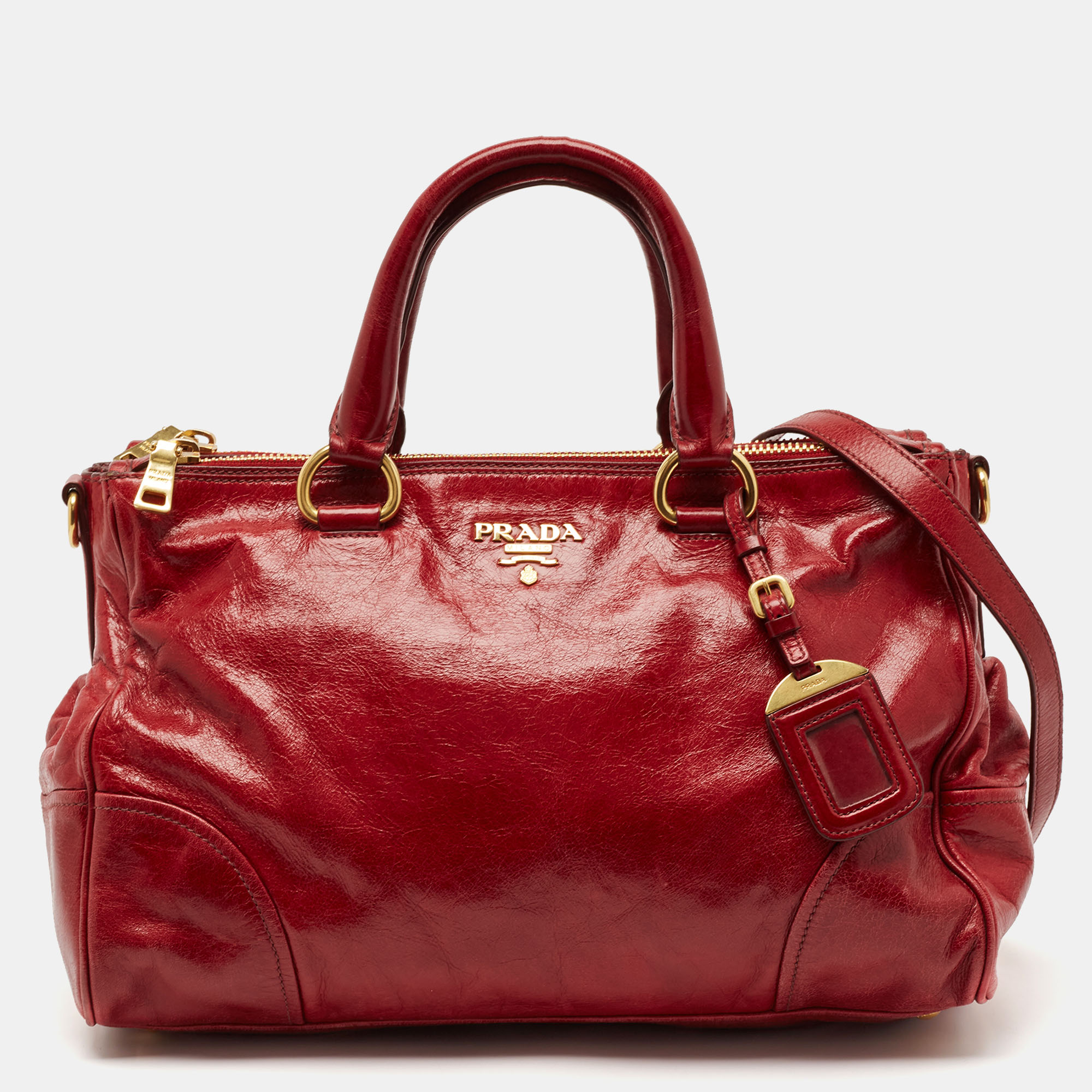 

Prada Red Soft Leather Double Zip Convertible Tote