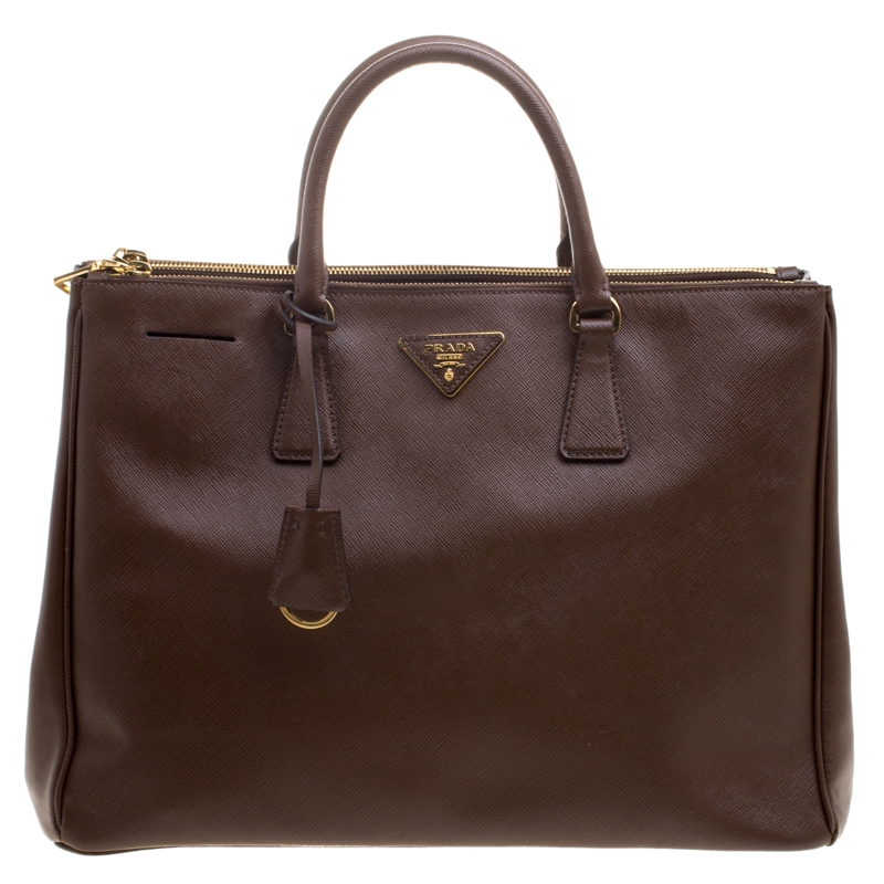 Pre Owned Prada Brown Saffiano Lux Leather Large Double Zip Tote